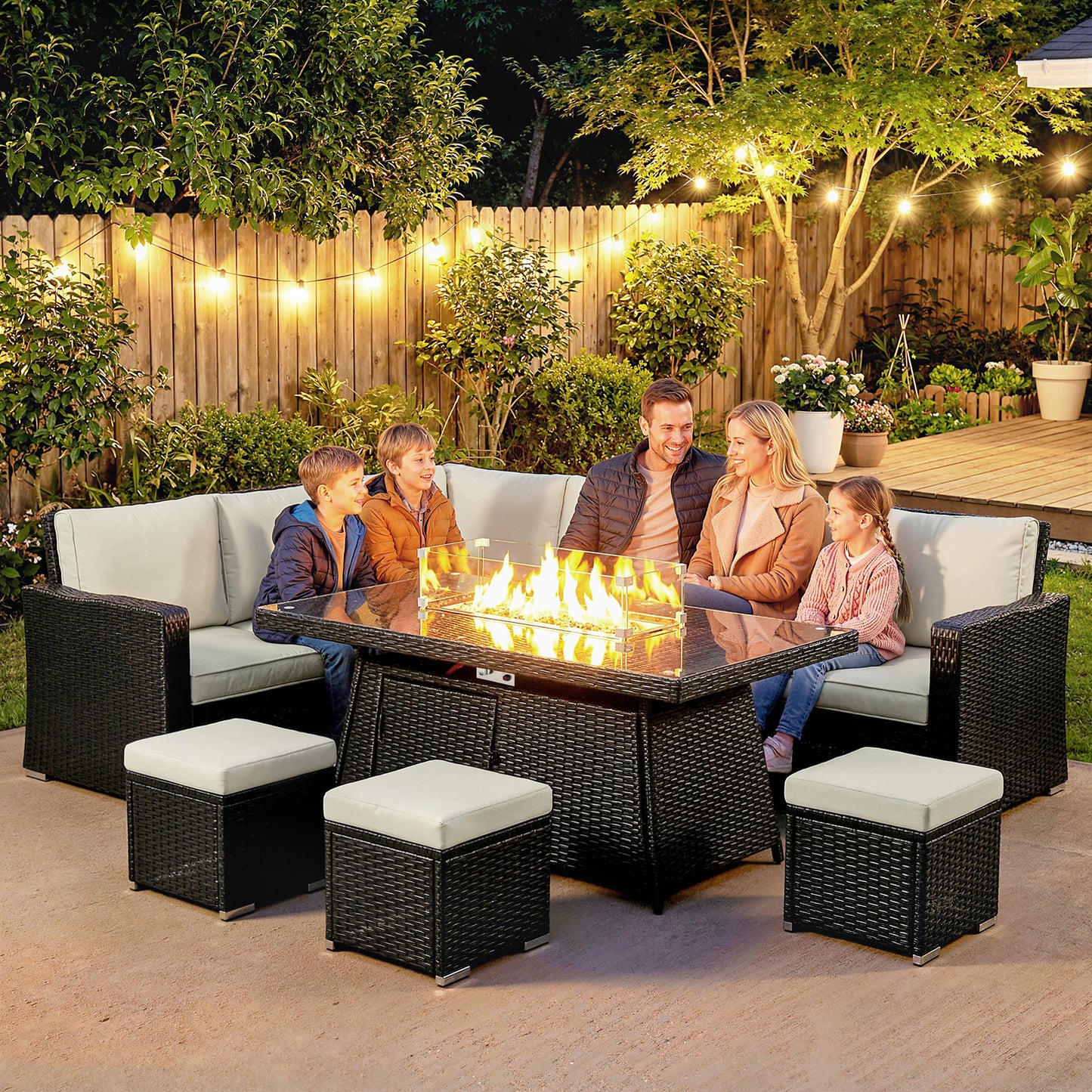 Outsunny 7 Piece PE Rattan Garden Furniture Set With 50,000 BTU Gas Fire Pit Table Double Corner Sofa And 3 Footstools