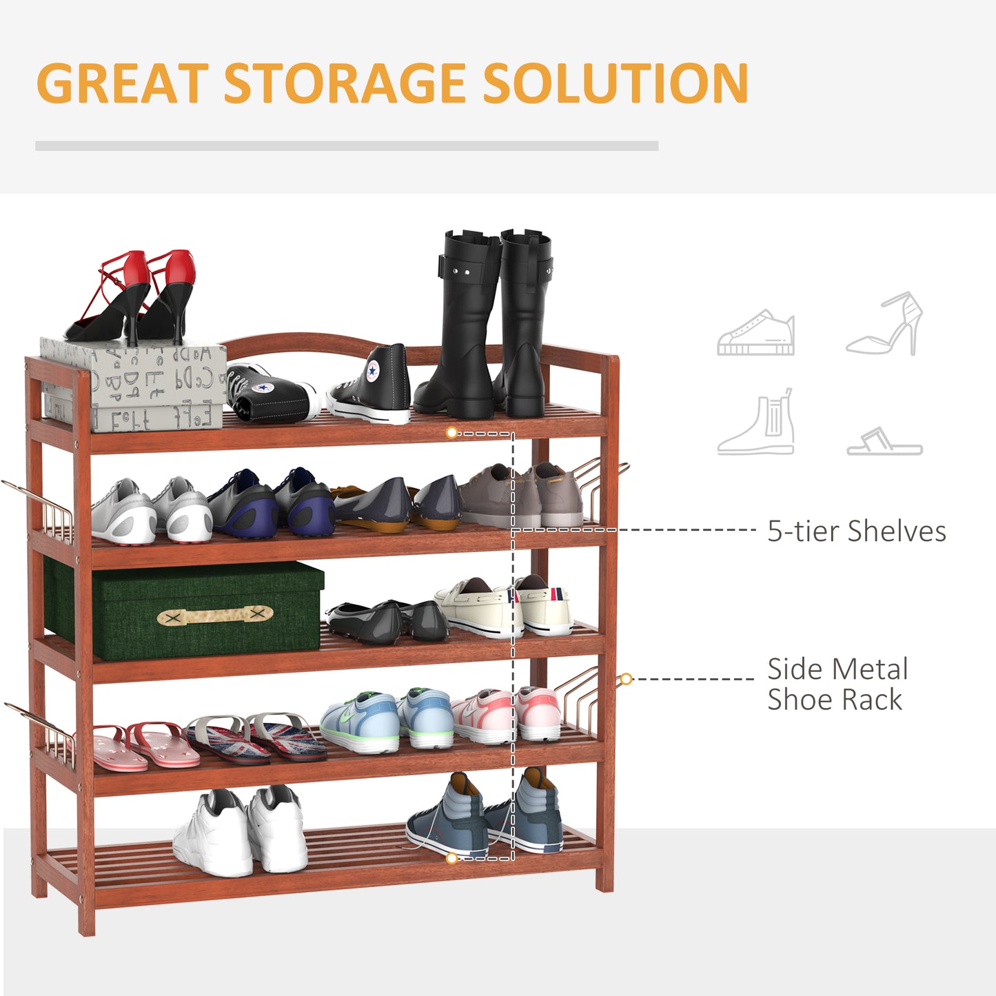 HOMCOM Teak Finish 5-Tier Acacia Wooden Shoe Storage Rack with Hangers – Holds 25 Pairs - ALL4U RETAILER LTD