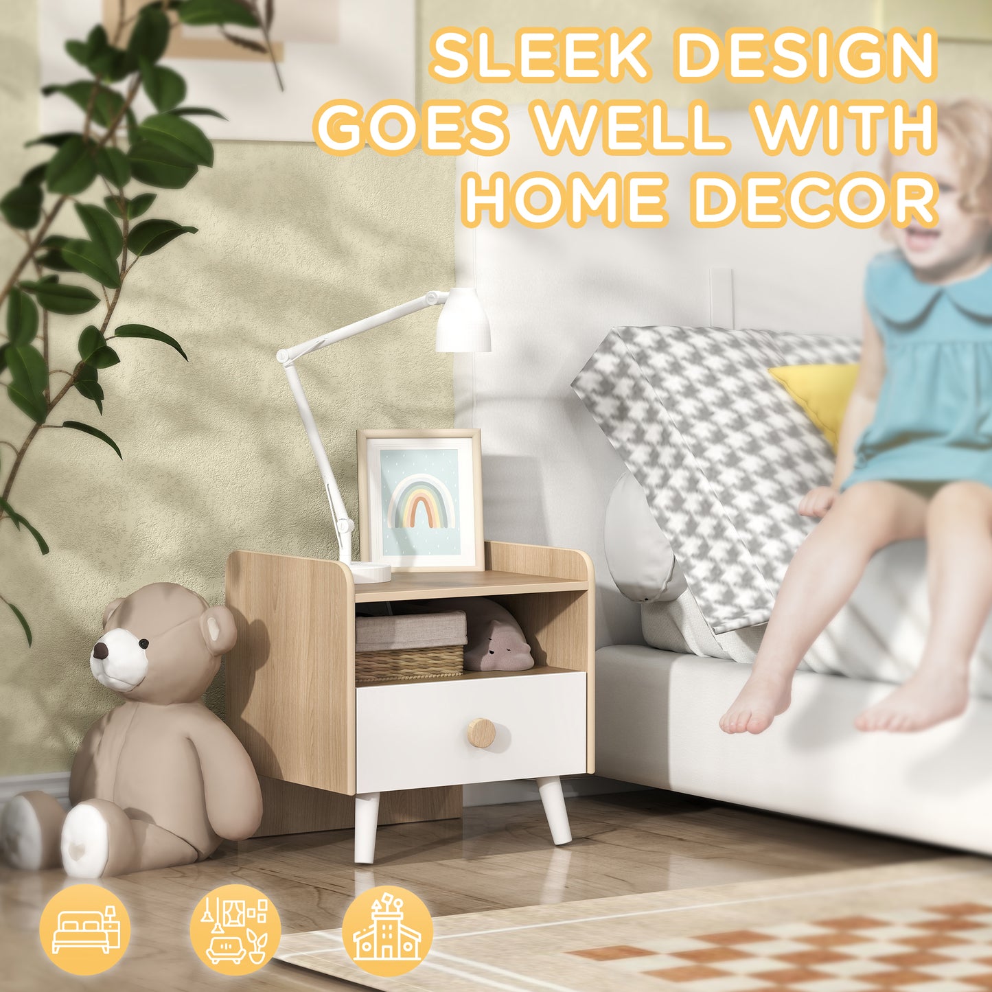 AIYAPLAY Kids Bedside Table With Drawer And Open Storage Shelf Wooden Nightstand For Bedroom White
