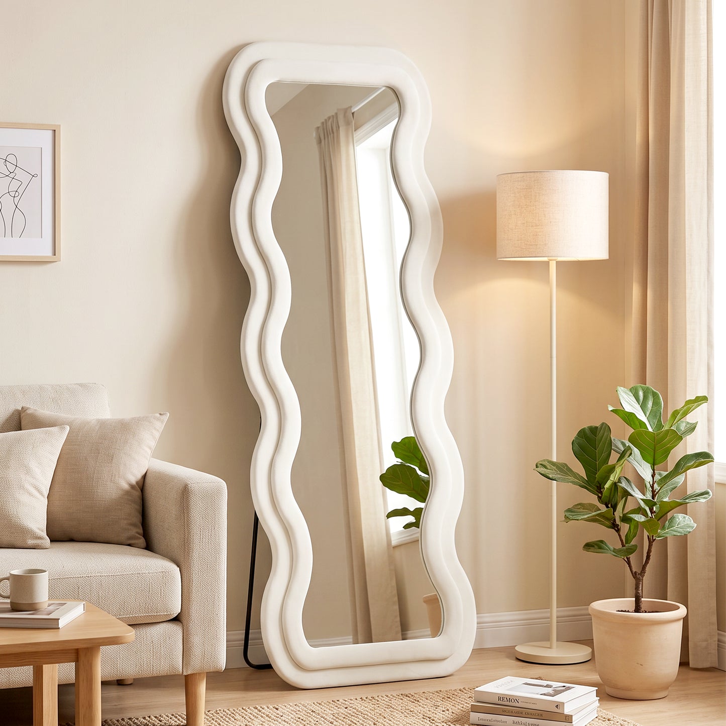 HOMCOM Full Length Mirror 160 x 60 cm Wavy Velvet Frame Wall Standing Mirror With Tempered Glass Cream White