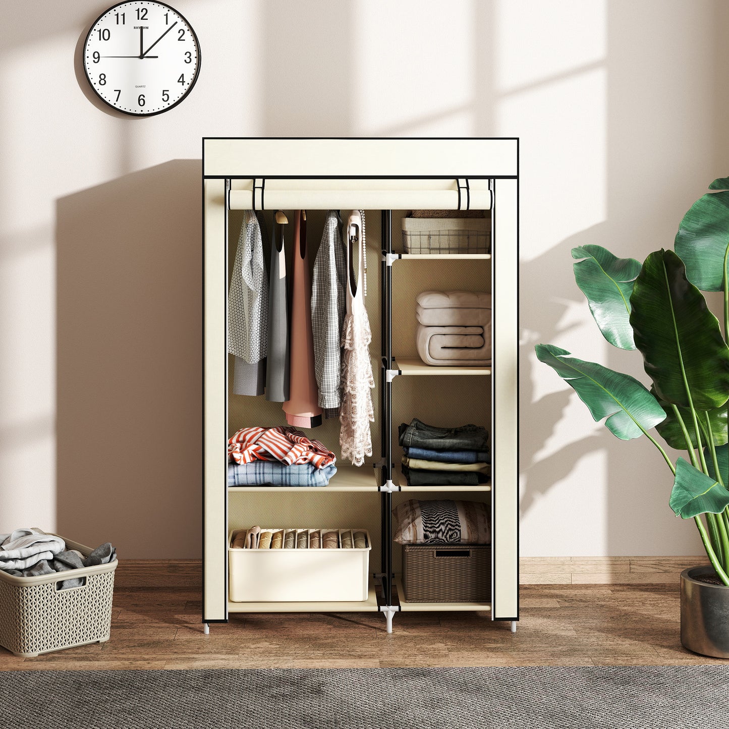 HOMCOM Fabric Wardrobe, Portable Wardrobe with 6 Shelves, 1 Hanging Rail, Foldable Closets, 103 x 43 x 162.5 cm, Cream White