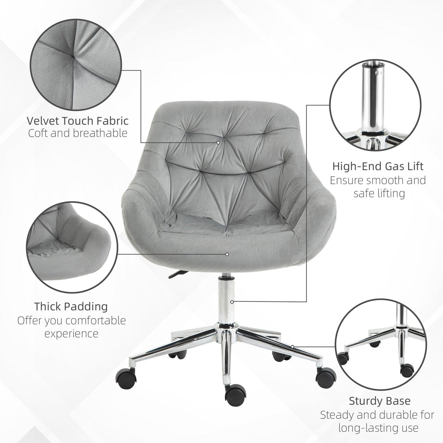 Vinsetto Velvet Home Office Chair with Adjustable Ergonomic Support, Grey - ALL4U RETAILER LTD