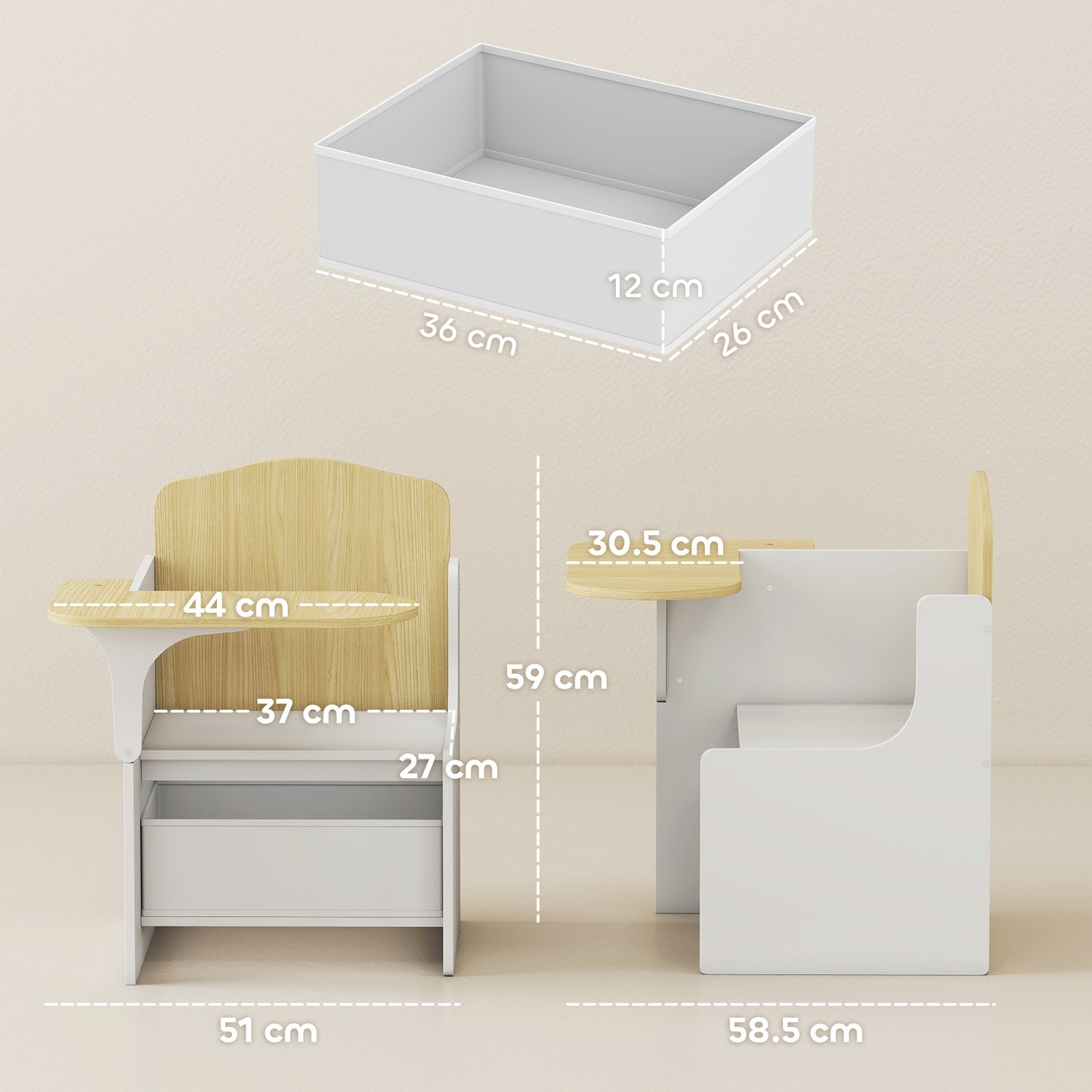 AIYAPLAY Kids Table and Chair Set With Built In Storage Bins For Playtime Reading Painting Ages 3 to 5 White