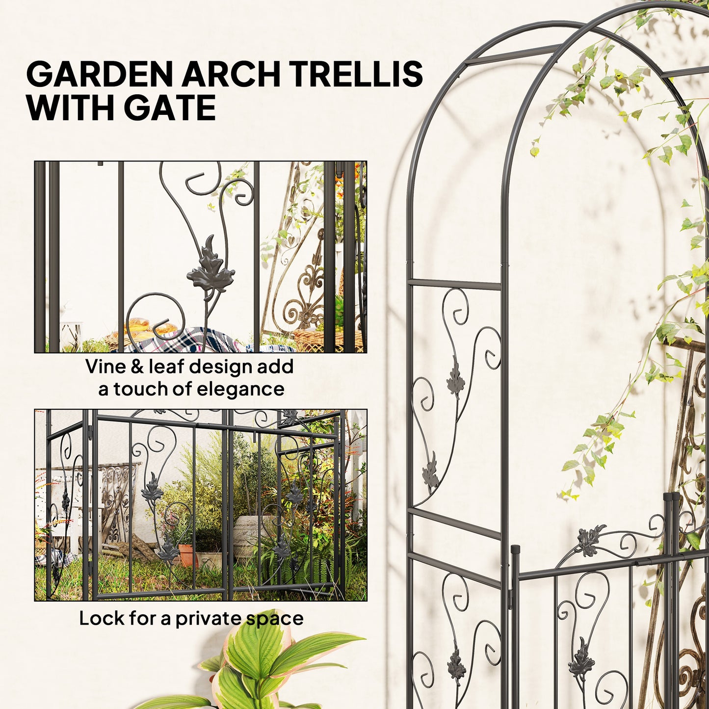 Outsunny 2.17m Steel Garden Arch With Gate Wedding Arch For Outdoor Garden 107W x 45D x 217H CM Black