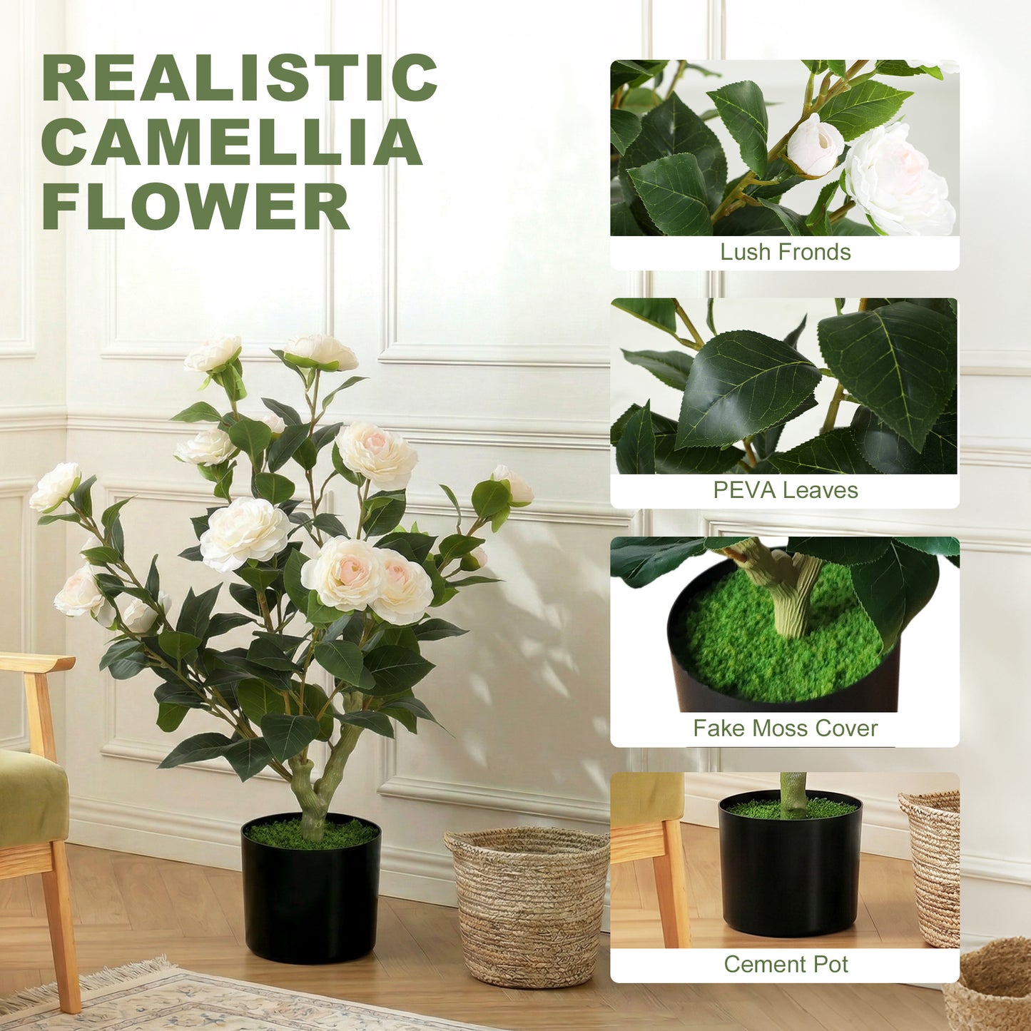 HOMCOM 65cm Artificial Camellia Plant In Pot With 116 Lush Leaves Silk Blossoms And Moss Effect Base White