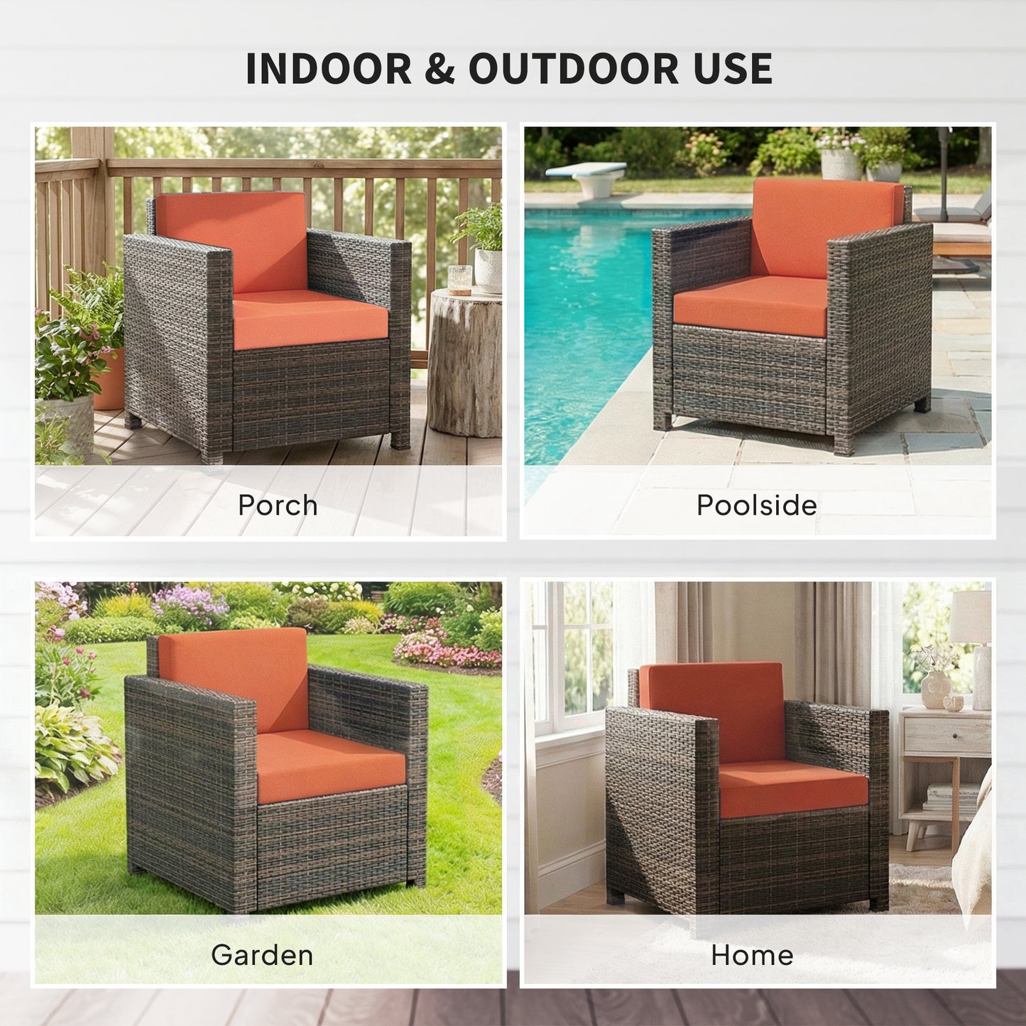 Outsunny PE Rattan Garden Armchair With Cushion In Mixed Brown And Orange Outdoor Patio Furniture