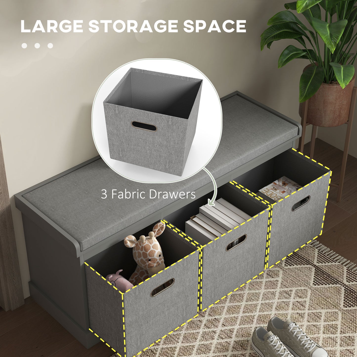 HOMCOM Contemporary Grey Shoe Storage Bench with Cushion and 3 Fabric Drawers for Entryway or Living Room - ALL4U RETAILER LTD