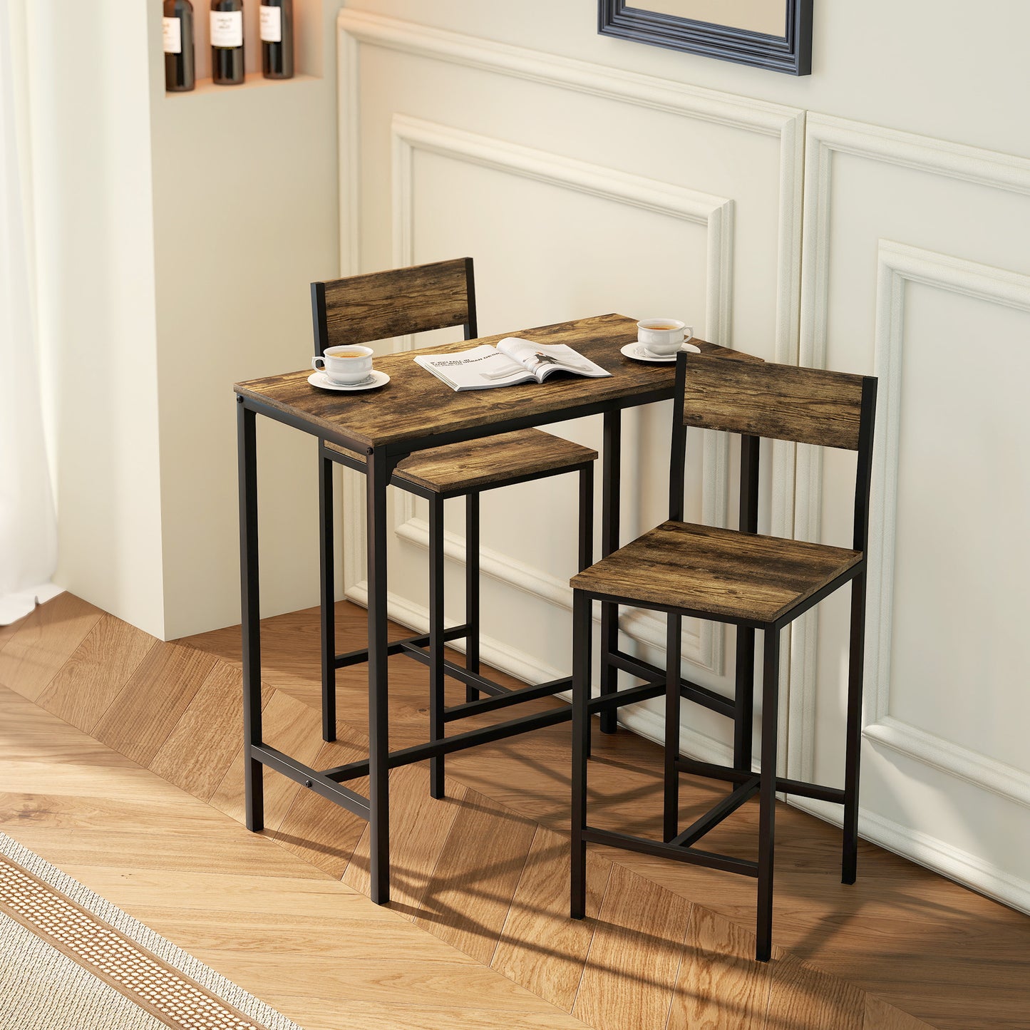Homcom 3 Piece Bar Table Set With 2 Stools Breakfast Bar Set With Footrest Backrest For Dining Room Small Space