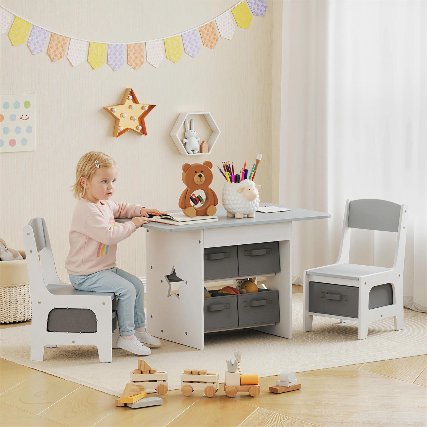 AIYAPLAY Kids Table and Chair Set With Six Removable Drawers for Boys and Girls Ages Three to Eight Light Grey
