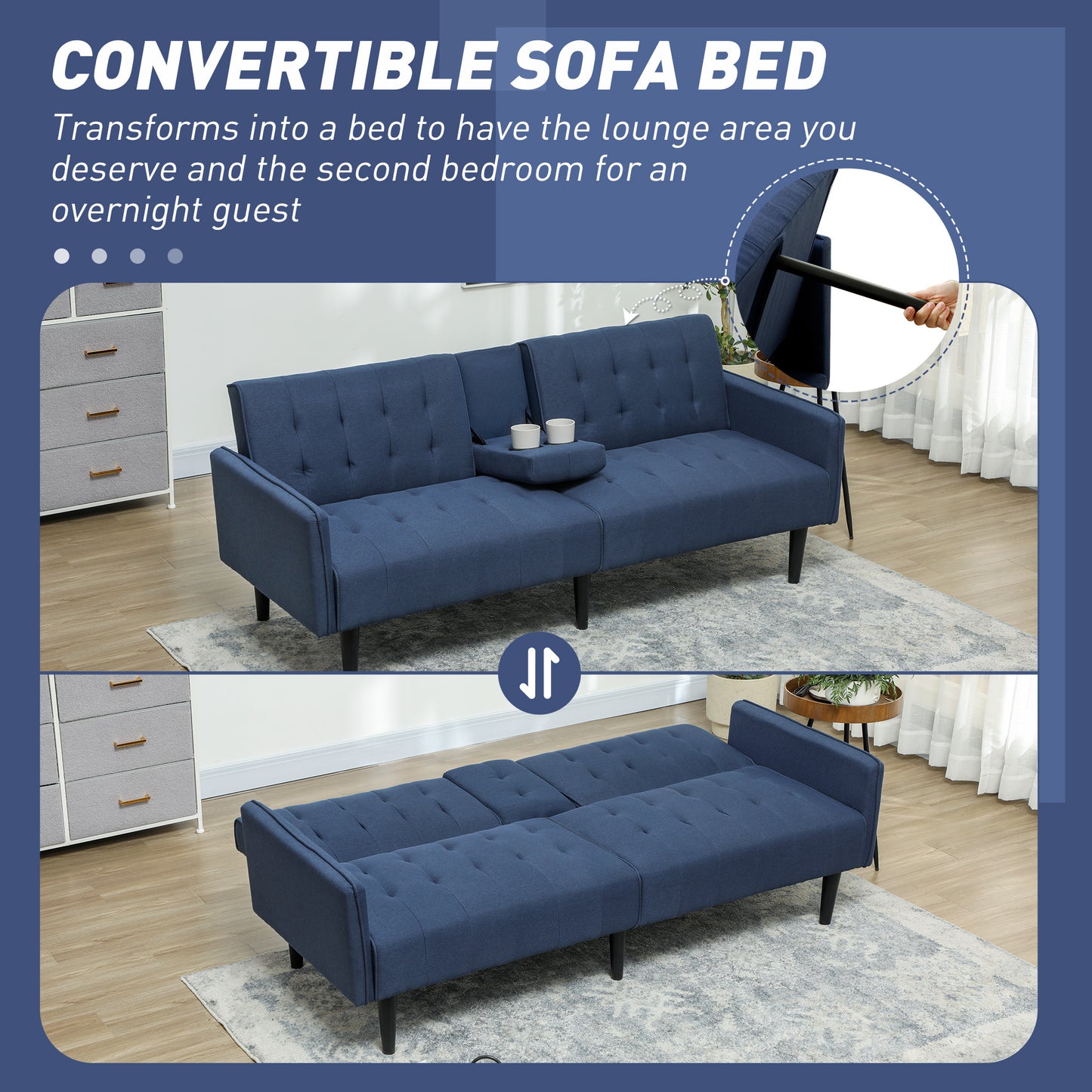 HOMCOM Three Seater Sofa Bed With Cupholders Dark Blue For Small Living Rooms And Guest Rooms