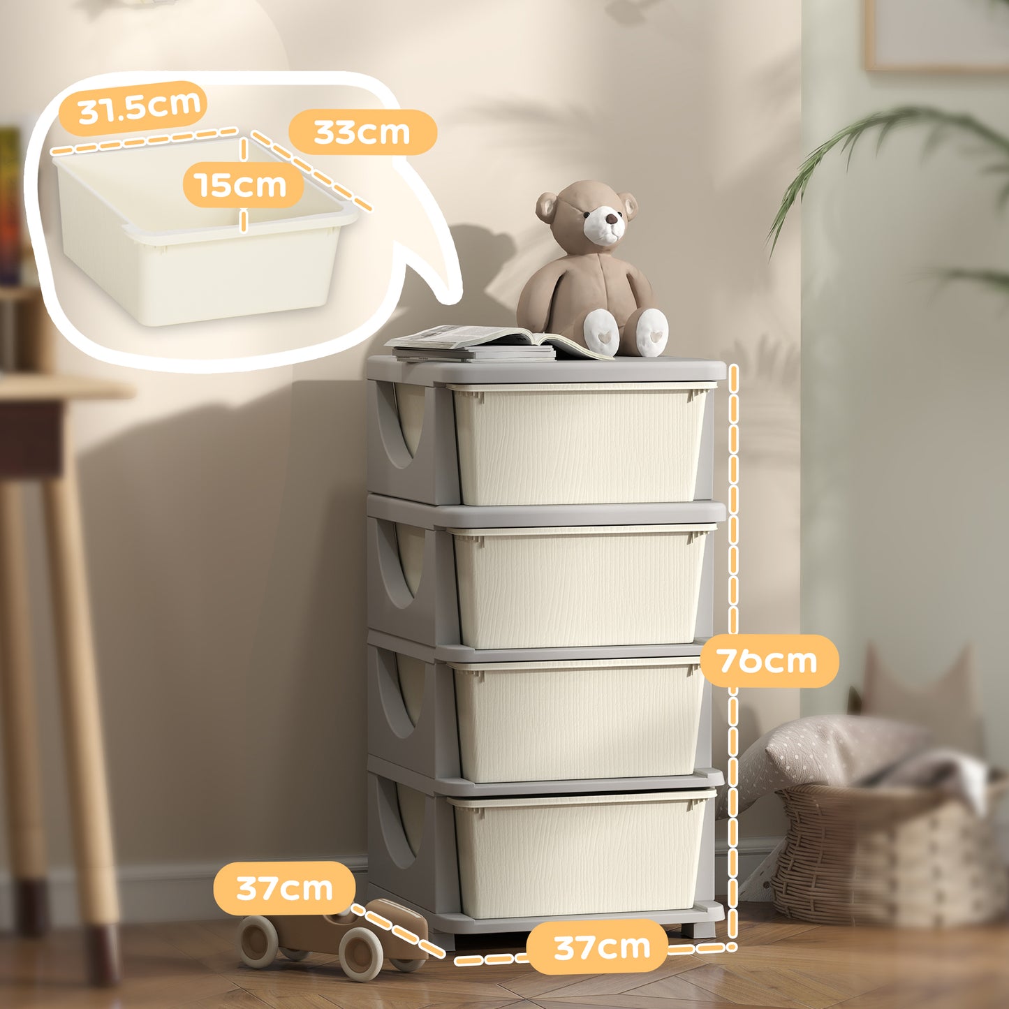 HOMCOM Four Tier Kids Storage Boxes With Four Drawers White PP Material Toy Organizer For Playroom