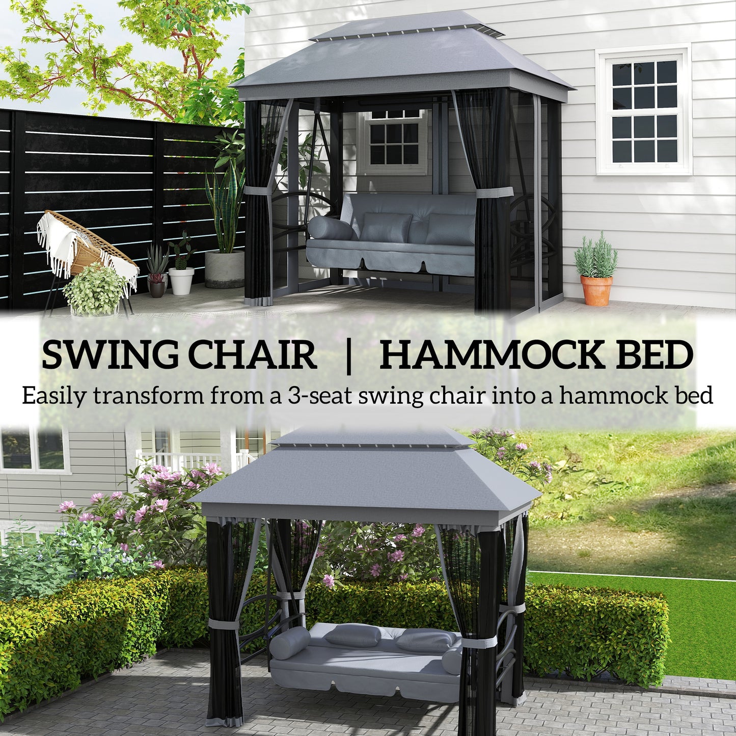 Outsunny 3 In 1 Seater Swing Chair Gazebo Lounger With Cushioned Seat And Waterproof Canopy Grey
