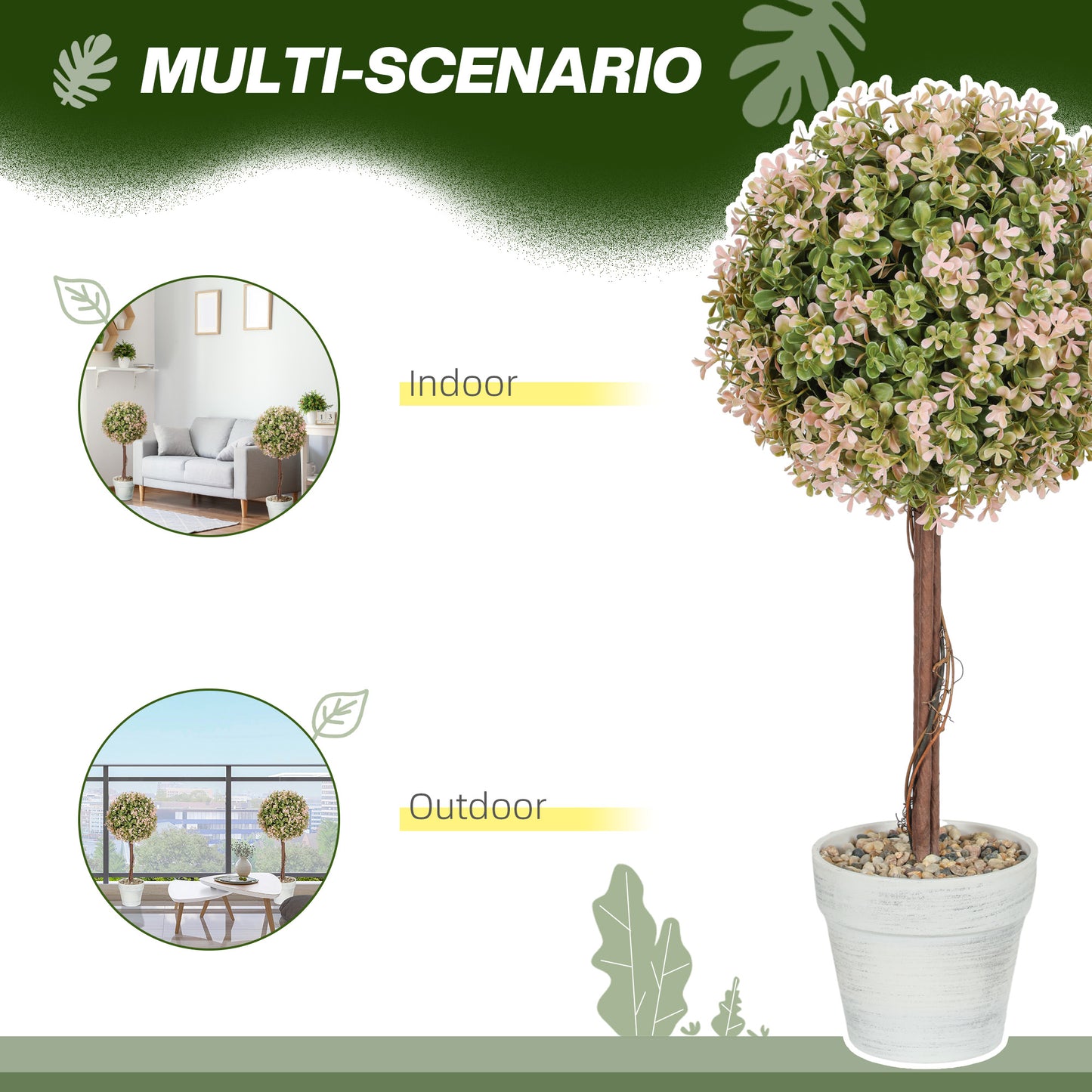 HOMCOM 2 Pack Decorative Artificial Plants Murraya Flowers In Pot UV Protected Indoor Outdoor Decor 60cm Cream White
