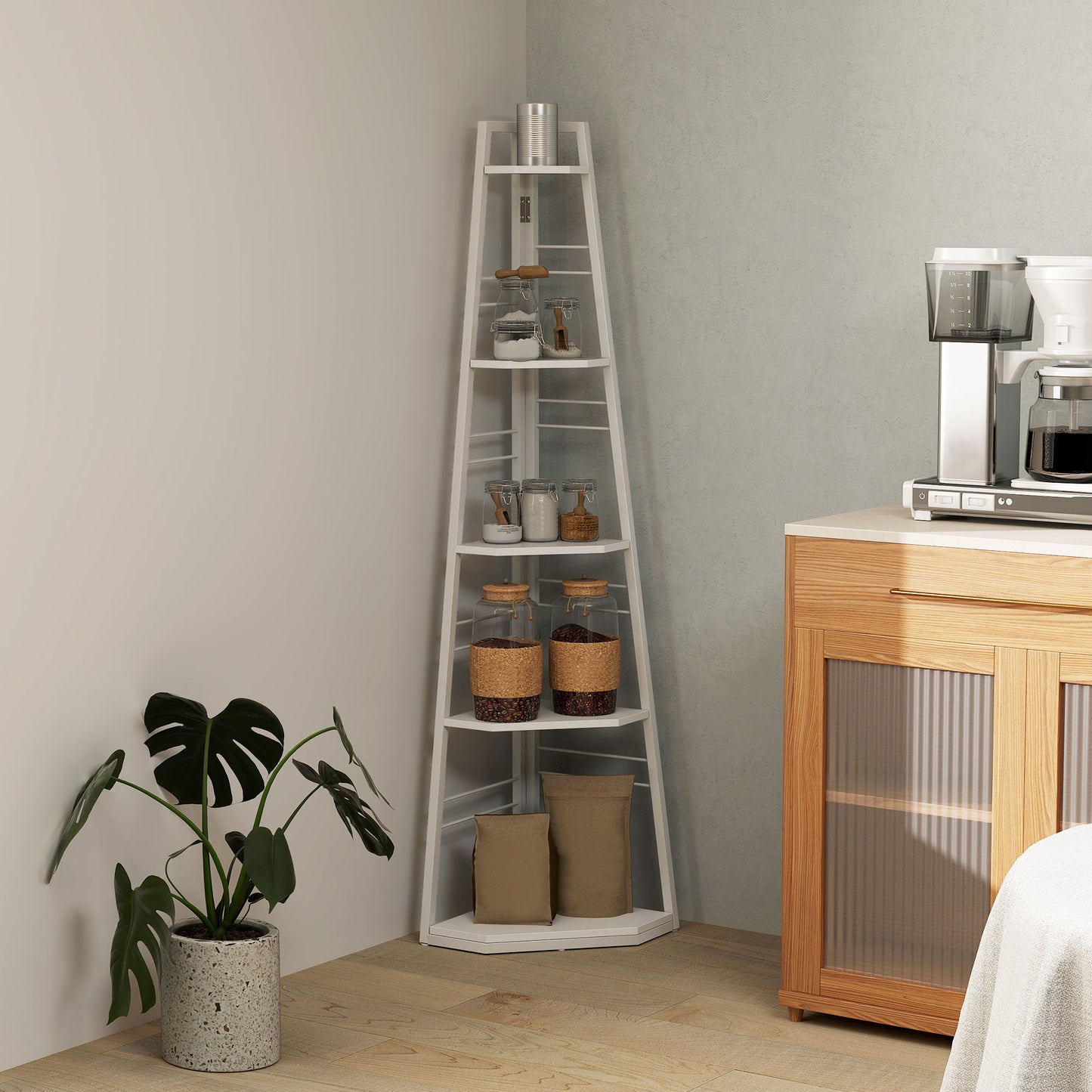 HOMCOM Five Tier Corner Shelf White with Steel Frame and Adjustable Feet for Space Saving Storage