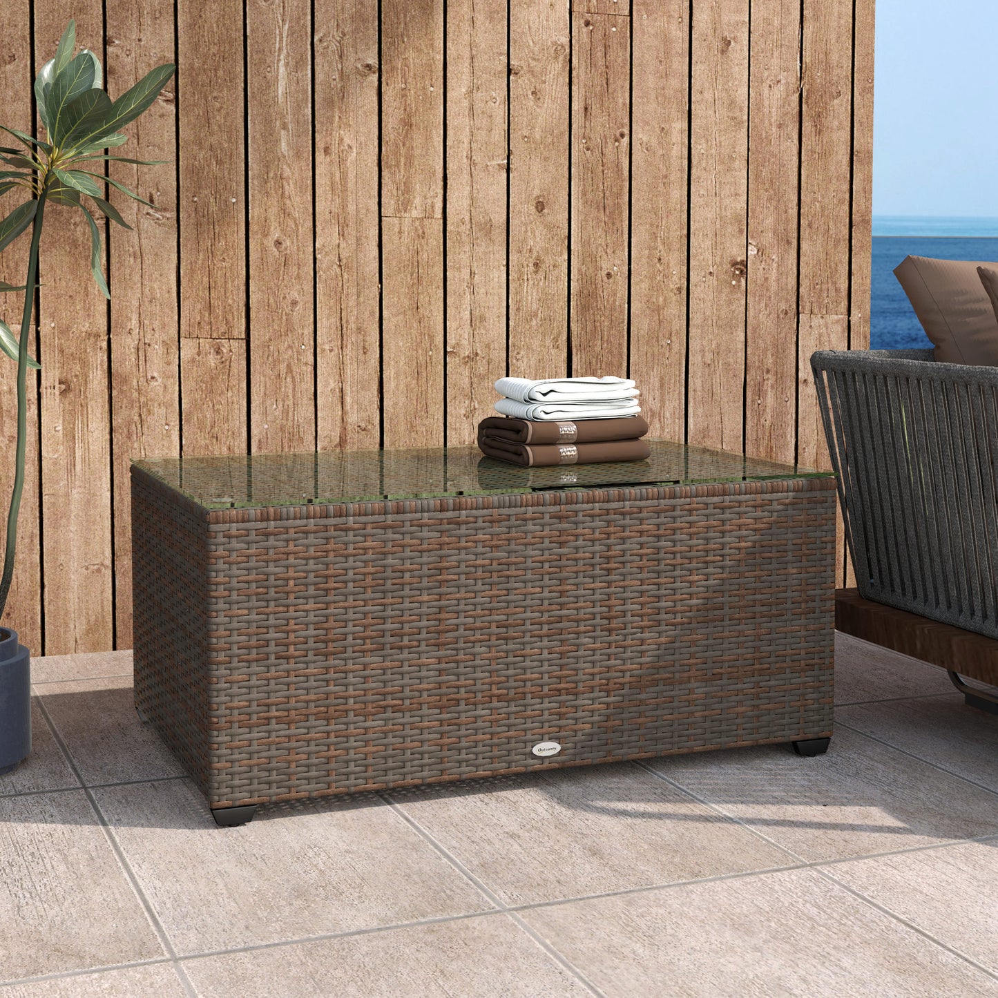 Outsunny 90 By 50 Cm Tempered Glass Top Rattan Side Table Brown Garden Outdoor Patio Furniture