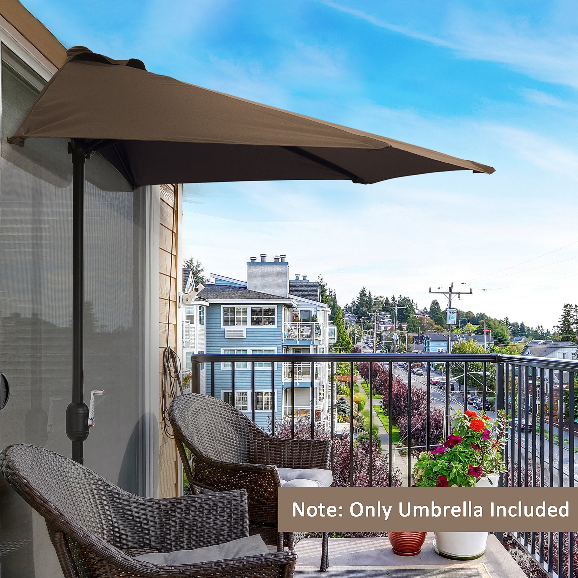 Outsunny 2.7m Compact Balcony Half Umbrella - Brown Garden Patio Shade with 5 Steel Ribs - ALL4U RETAILER LTD