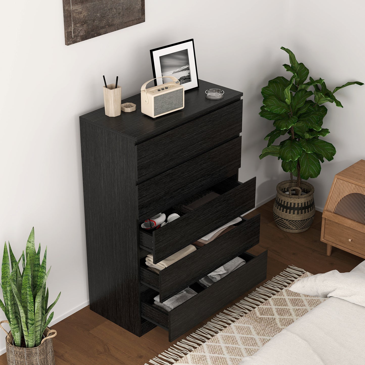 HOMCOM 5 Drawer Chest Of Drawers Modern Black Dresser With Anti Tip Device No Handle Rails For Bedroom Living Room