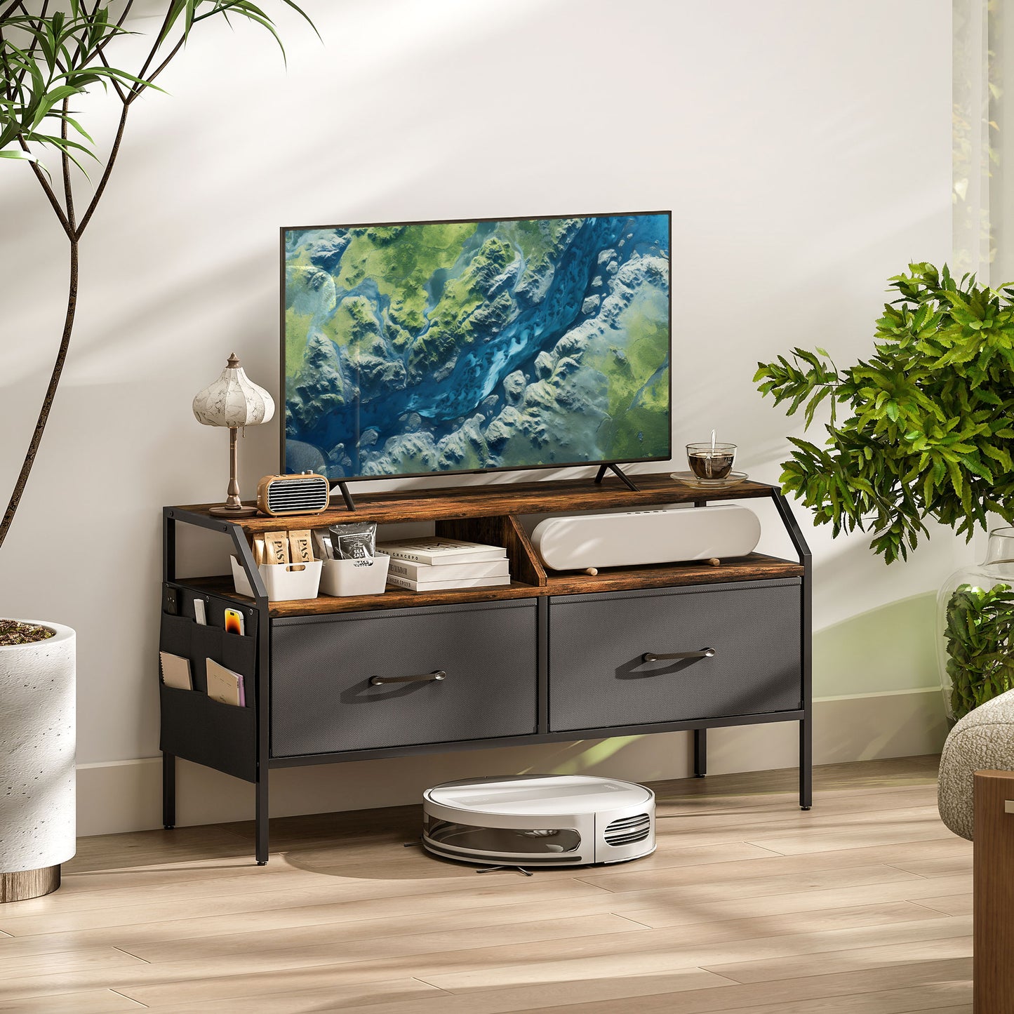 HOMCOM Industrial Style TV Stand Cabinet Brown For 55 Inch TV With Two Drawers Shelves And Side Pockets
