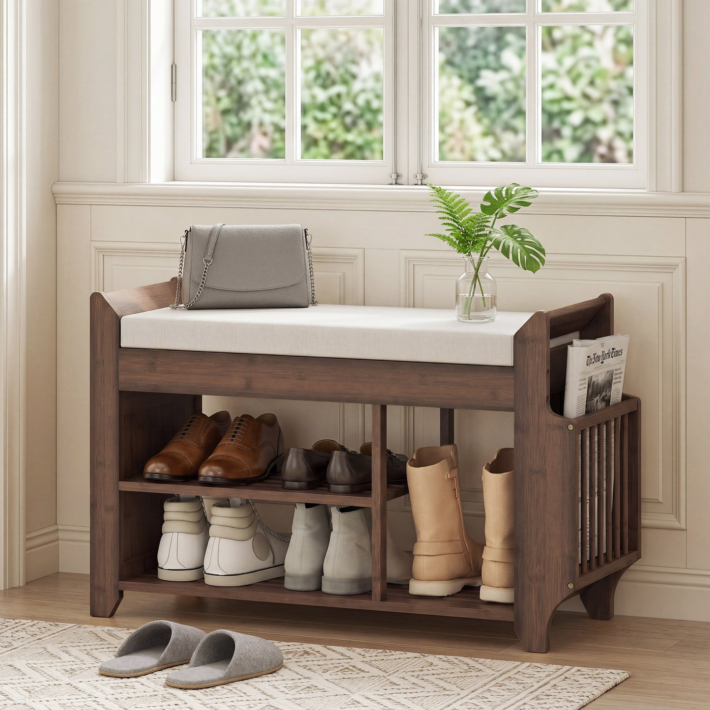 HOMCOM Shoe Bench 2 Tier Entryway Storage with Cushioned Seat 100x30x50 cm Dark Brown and Cream