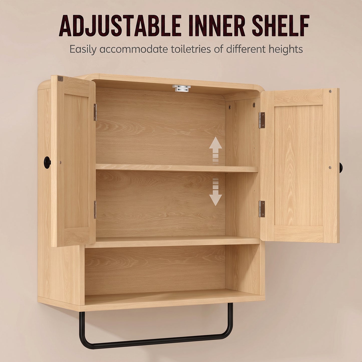 HOMCOM Oak Finish Wall Mounted Bathroom Cabinet With Two Doors And Adjustable Shelf Storage