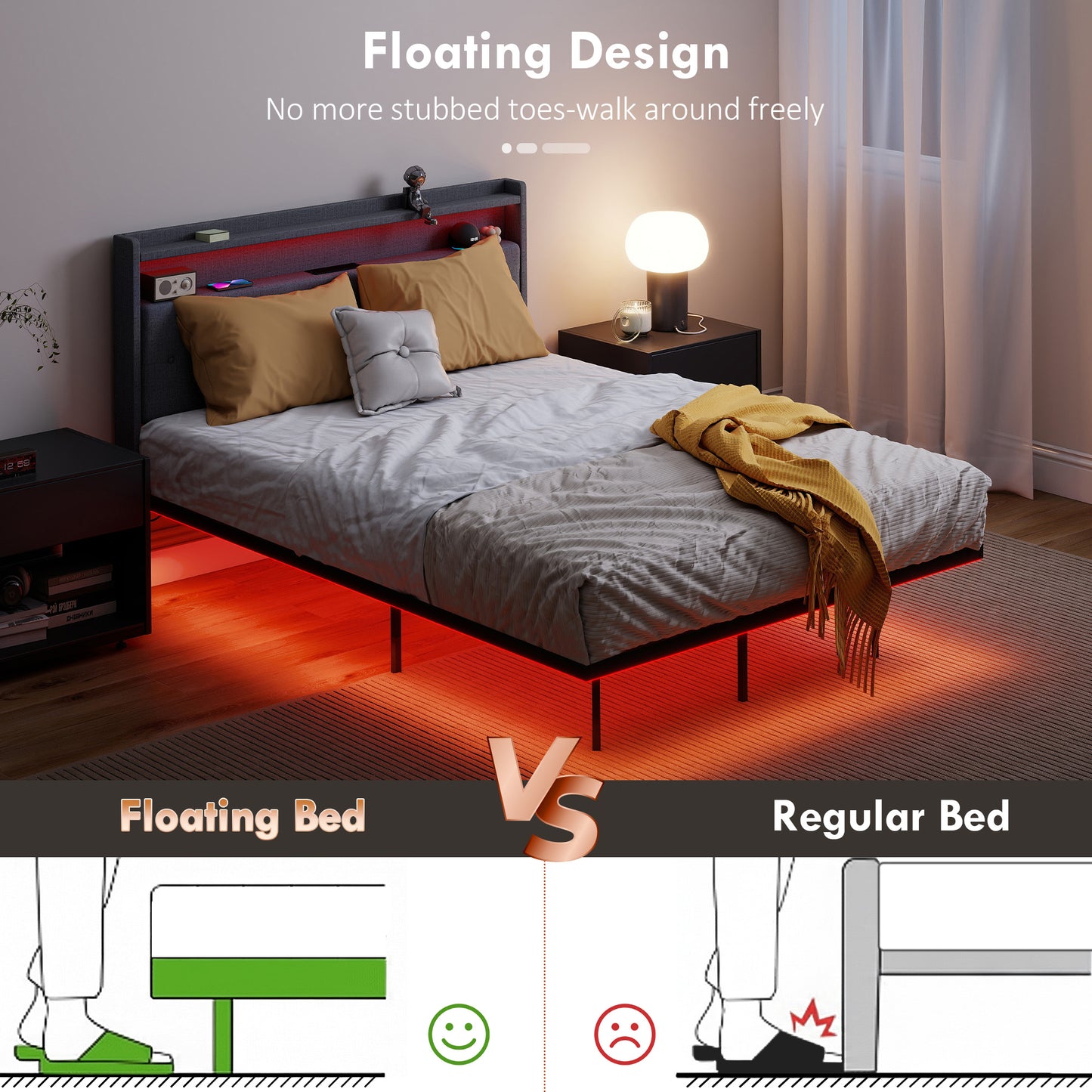 HOMCOM Floating Upholstered 4ft6 Double Size Platform Bed With RGB LED Lights And Charging Station Grey