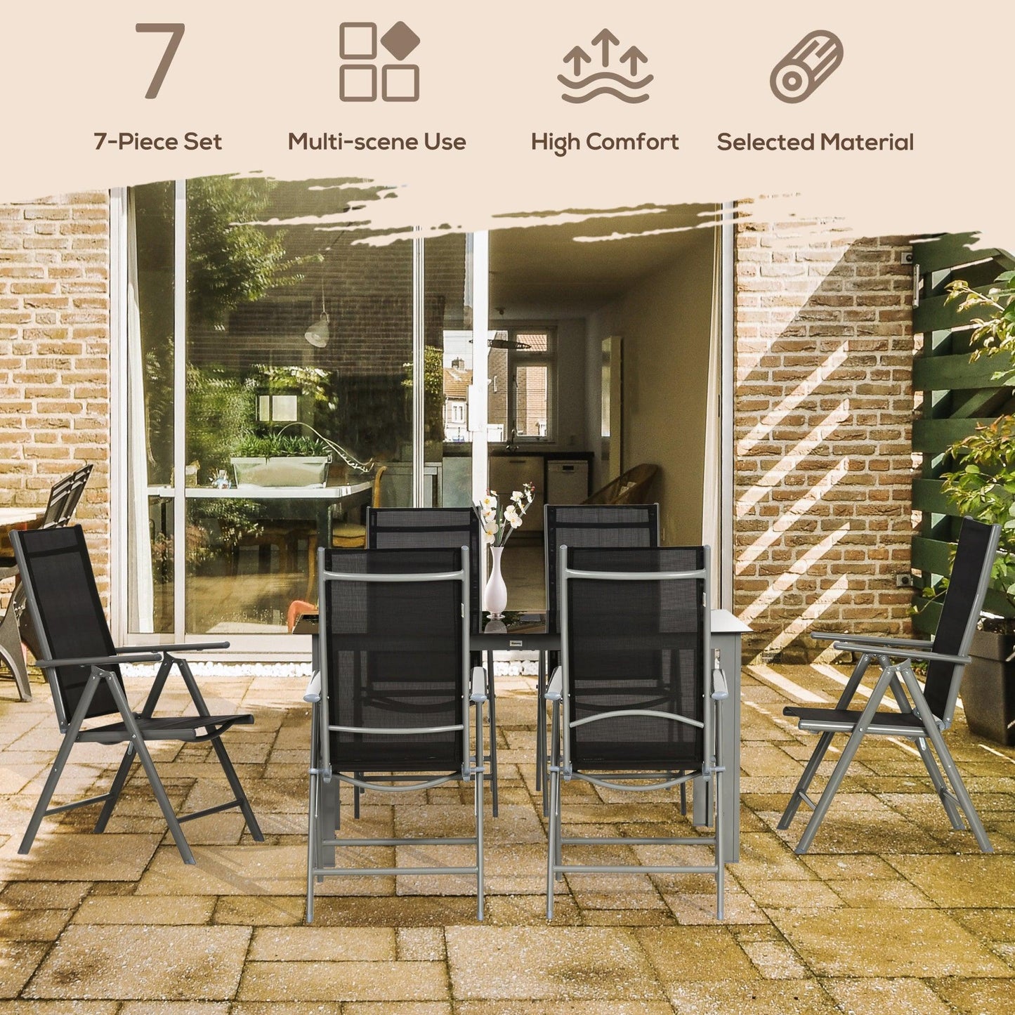 Outsunny 7 Piece Garden Dining Set, Outdoor Table and 6 Chair, Aluminium, Black - ALL4U RETAILER LTD