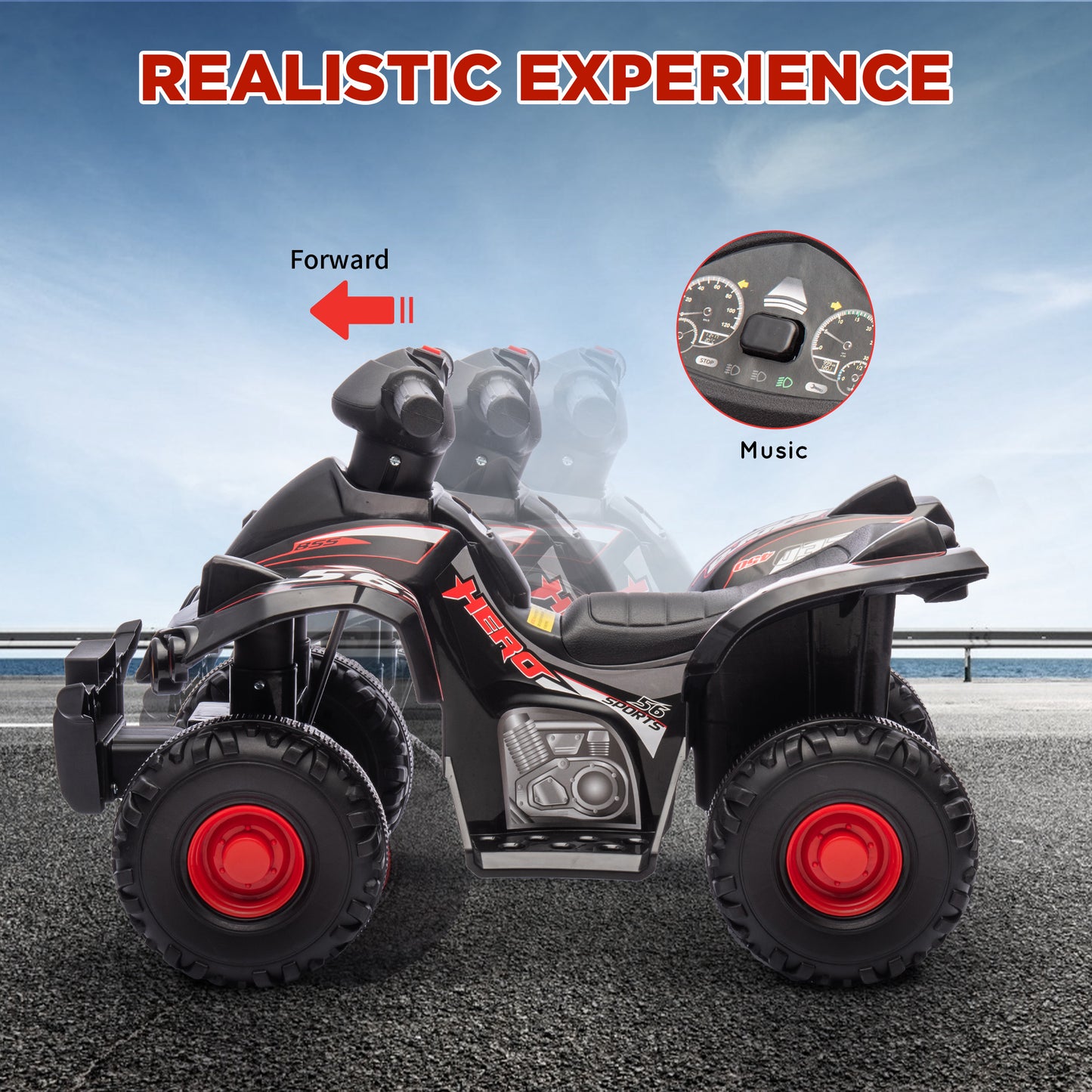 AIYAPLAY 6V Kids Electric ATV with Music and Forward Function, Ideal for Ages 2-6, Black