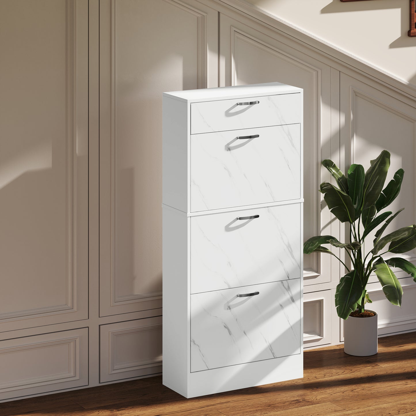 HOMCOM Marble White Shoe Storage Cabinet With 3 Flip Drawers Top Drawer And Adjustable Shelves Hallway Cabinet