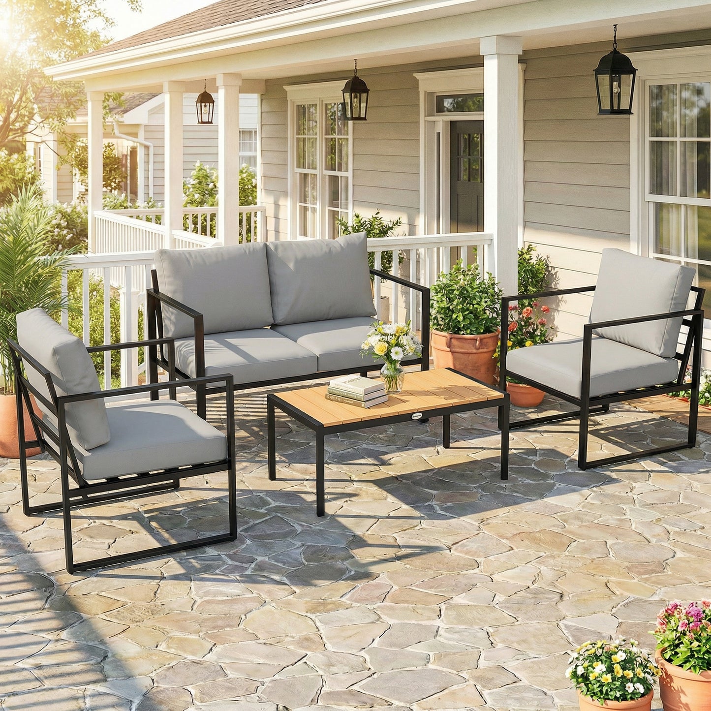 Outsunny Outdoor Garden Furniture Set 4 Piece Patio Set With Slatted Table For Balcony Conservatory Indoor Outdoor Use