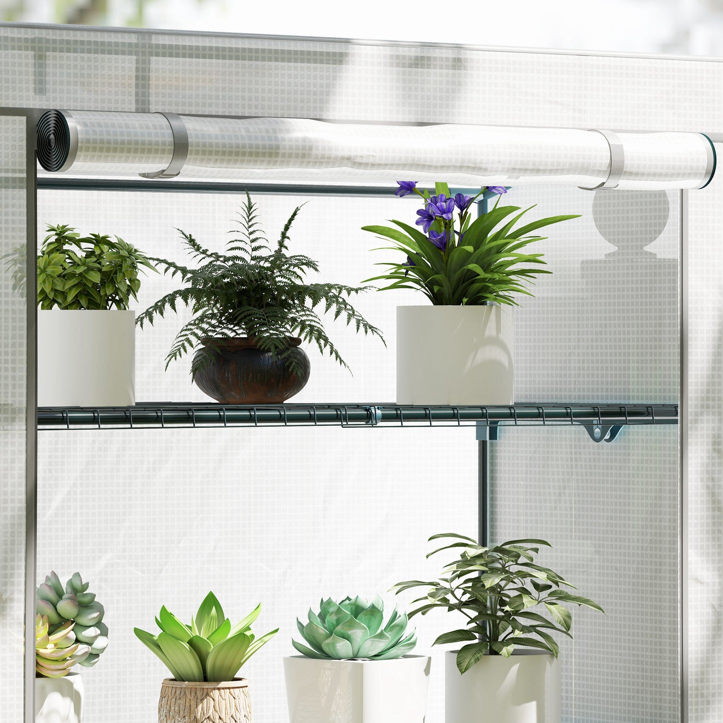 Outsunny Four Tier Mini Greenhouse Grey White with 140 g per m2 Plastic Cover and Roll Up Zipped Door