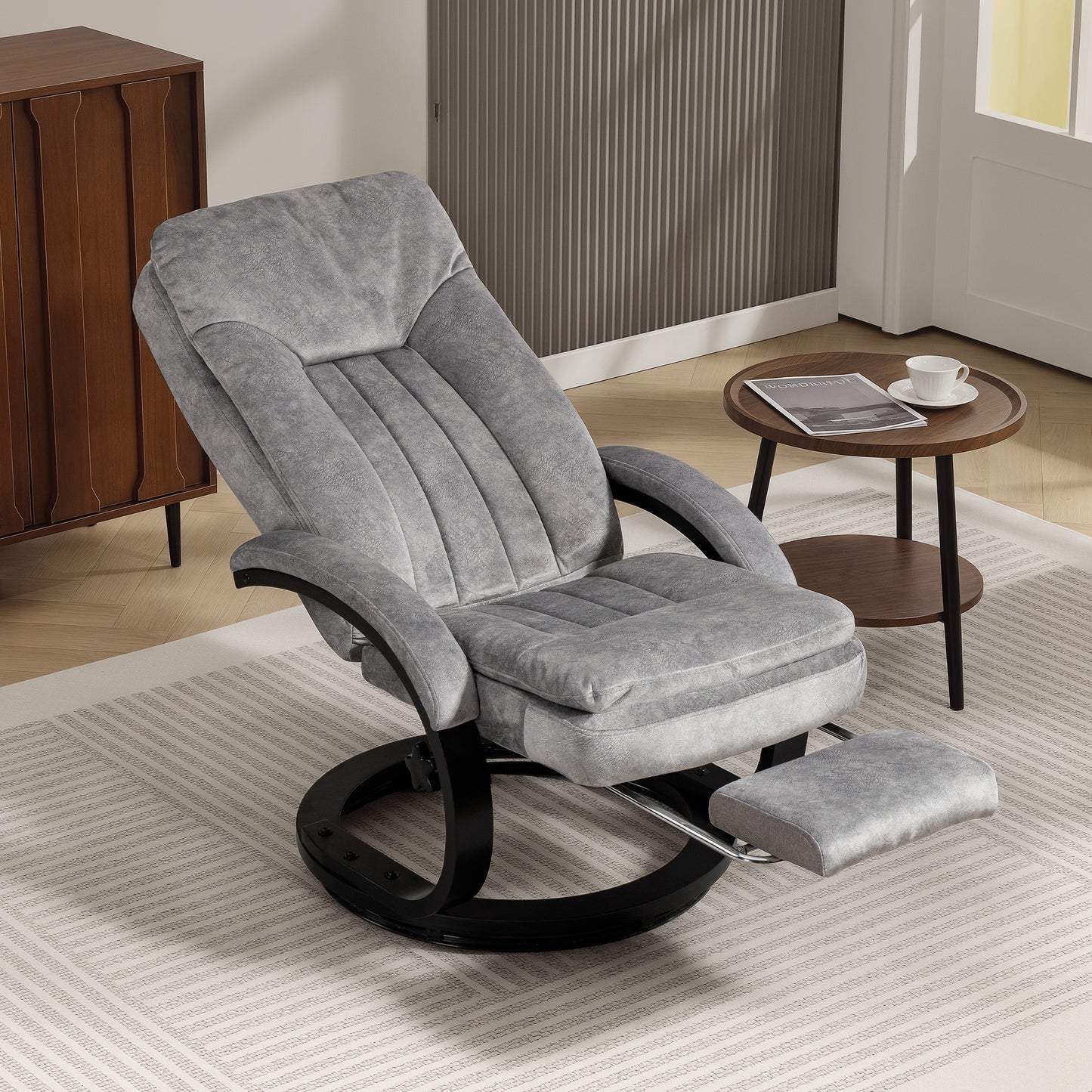 HOMCOM Swivel Recliner Chair With Footrest Manual Recliner Armchair Wooden Base Grey For Living Room