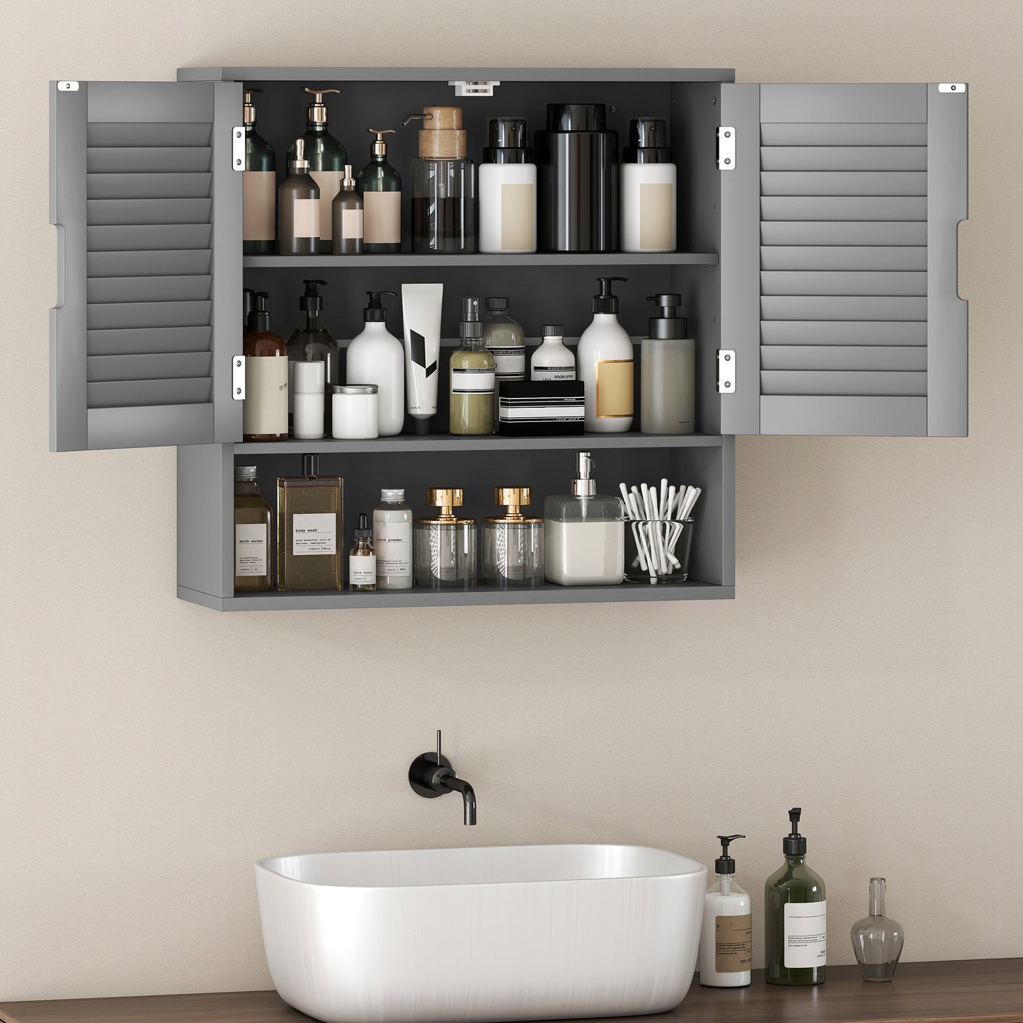 HOMCOM Wall Mounted Bathroom Cabinet With Adjustable Shelves Grey 60 x 20 x 60 cm