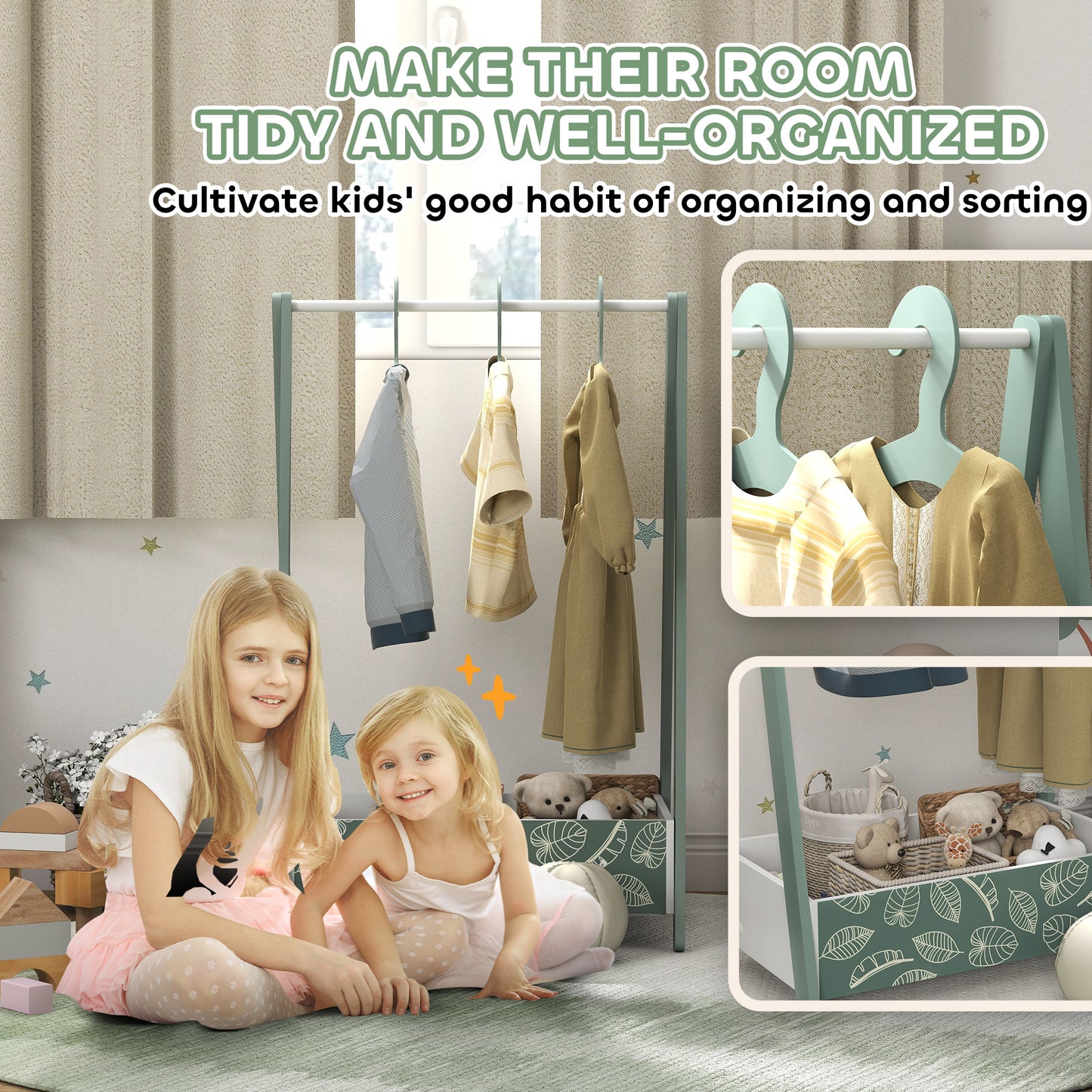 AIYAPLAY Baby Clothing Rack With Hangers And Storage Shelf For Bedroom Ages 3 To 6 Green Leaf Theme