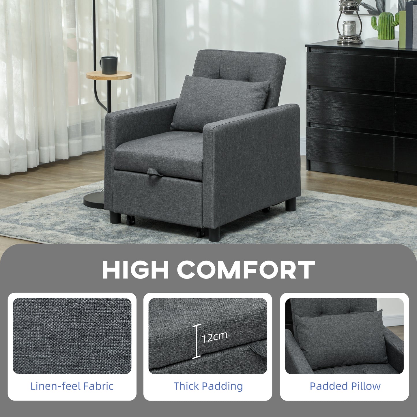 HOMCOM 3-In-1 Convertible Sleeper Chair Bed With Adjustable Backrest Pillow And Footrest For Living Room Dark Grey