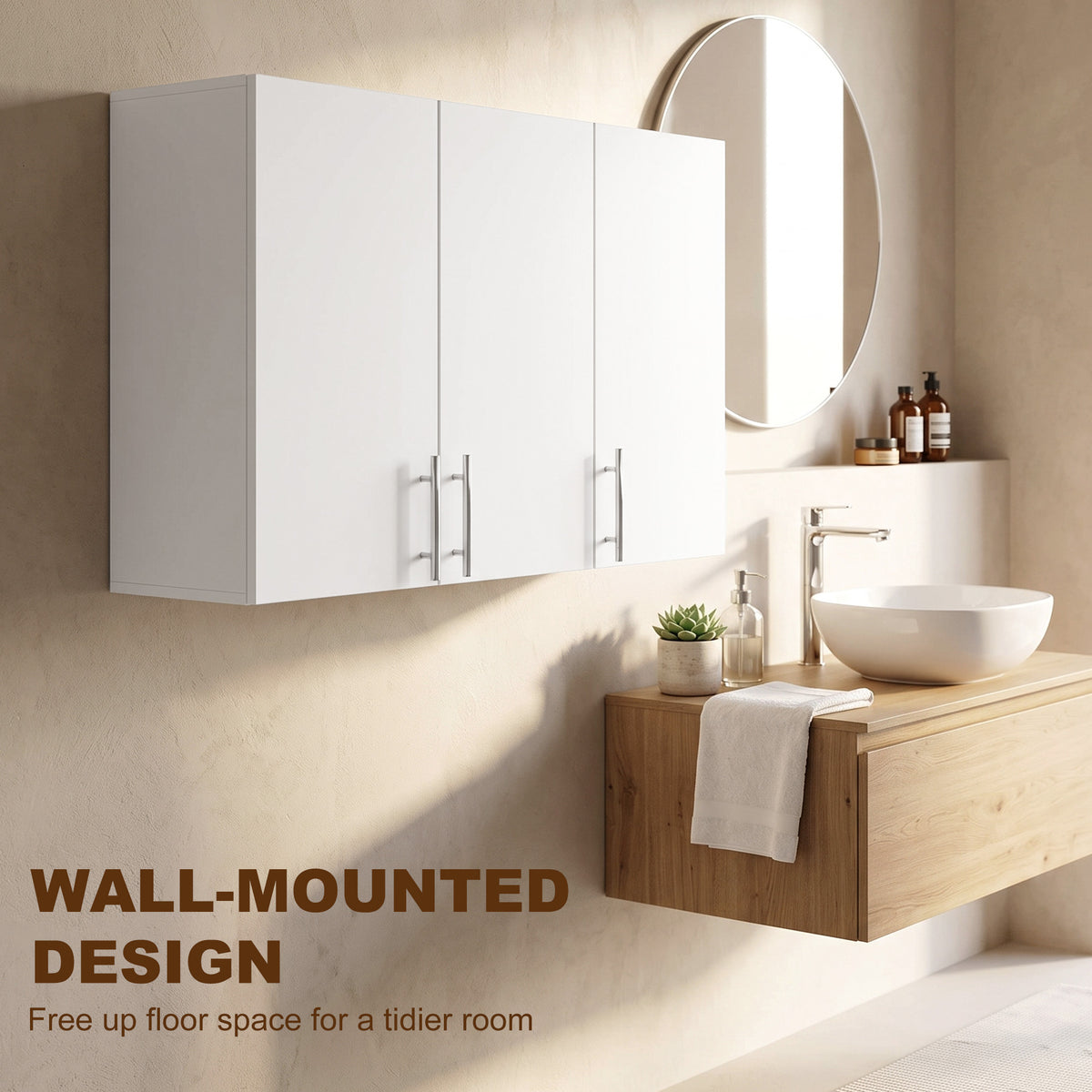 White wall cabinet with three doors, metal bar handles, and open shelving