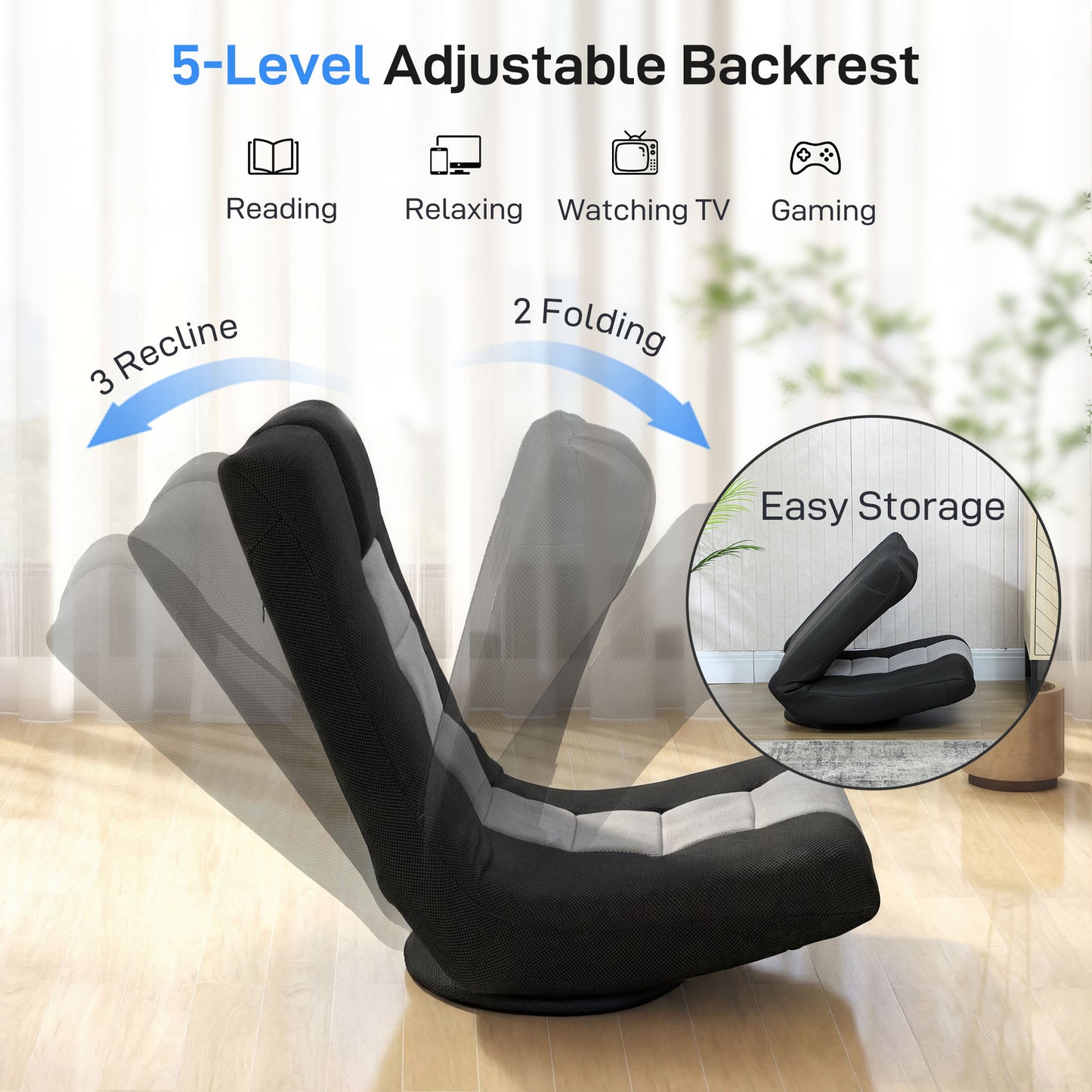 HOMCOM Floor Chair Folding Floor Sofa With Adjustable Backrest Wide Seat And Swivel Base Black