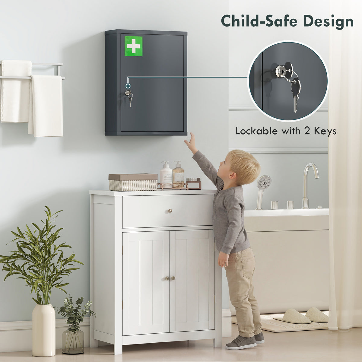 Kleankin Locking Medicine Cabinet With Three Tier Shelves And Two Keys