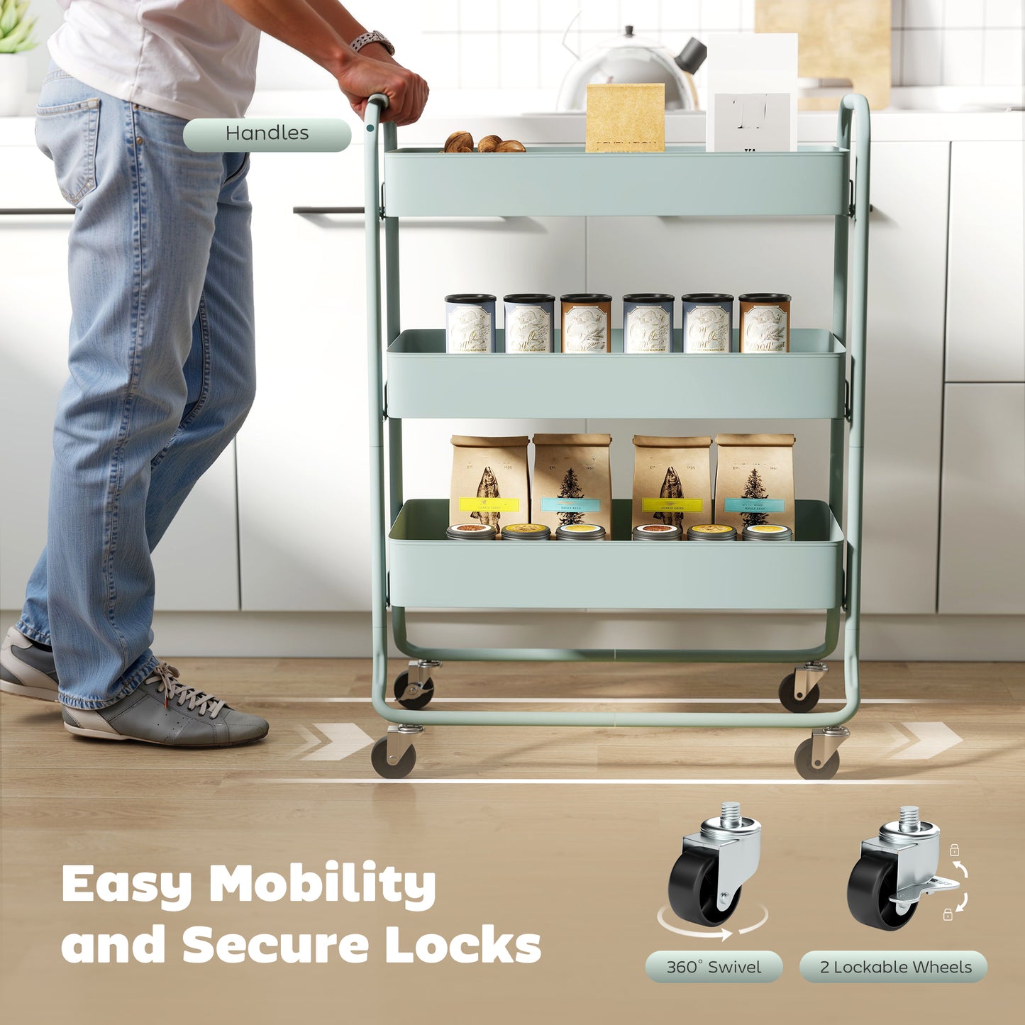 HOMCOM 3 Tier Storage Trolley On Wheels Rolling Utility Cart With Mesh Baskets For Kitchen Bathroom Bedroom Light Green