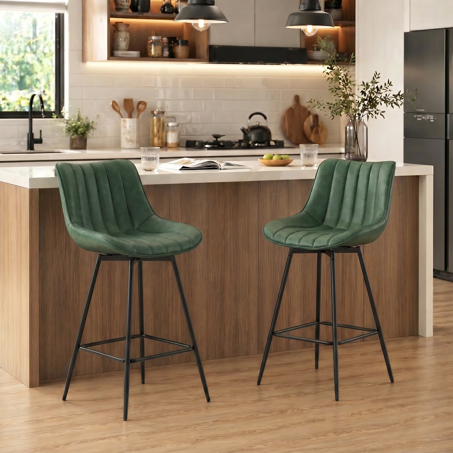 HOMCOM Set Of 2 PU Leather Swivel Bar Stools Dark Green For Kitchen Island With 360 Degree Swivel
