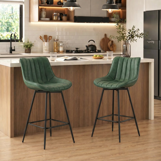 HOMCOM Set Of 2 PU Leather Swivel Bar Stools Dark Green For Kitchen Island With 360 Degree Swivel