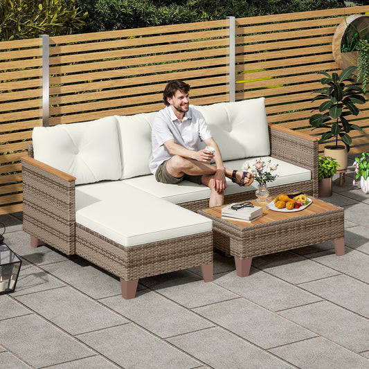 Outsunny 3 Piece Rattan Garden Furniture Set L Conversation Chaise Lounge With Wood Top Coffee Table And Cream Cushions