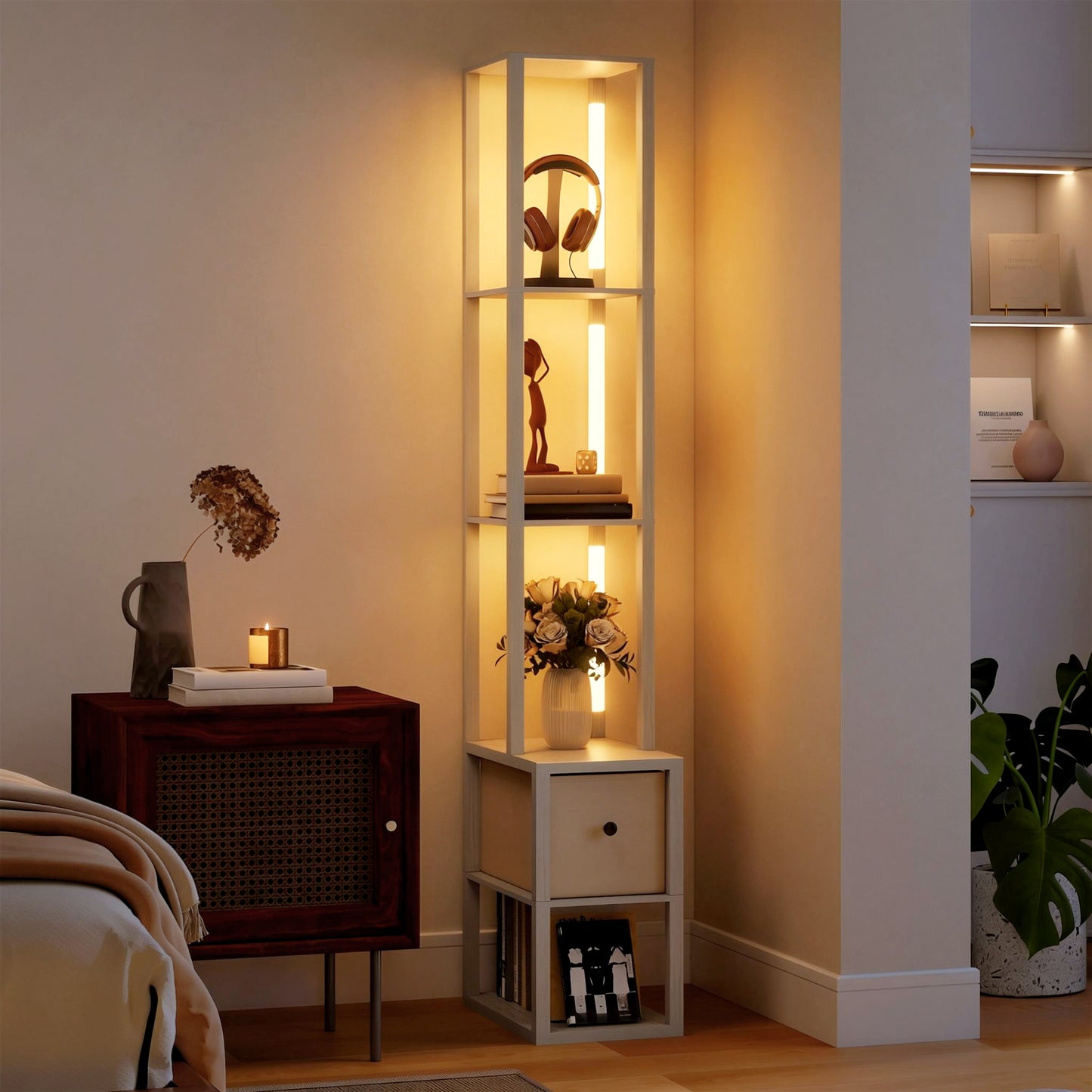 HOMCOM Floor Lamp With Shelves LED Column Modern Standing Lamp Fabric Drawer Adjustable Brightness Foot Switch Oak