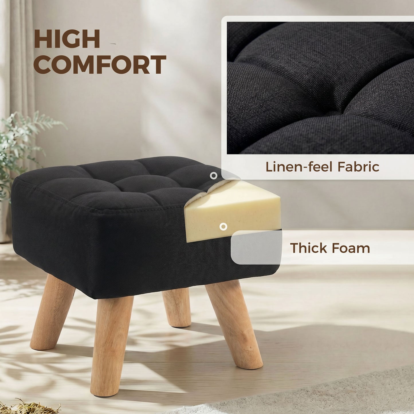 HOMCOM Linen Look Square Padded Footstool With Tufted Top And Wooden Legs For Comfort Black
