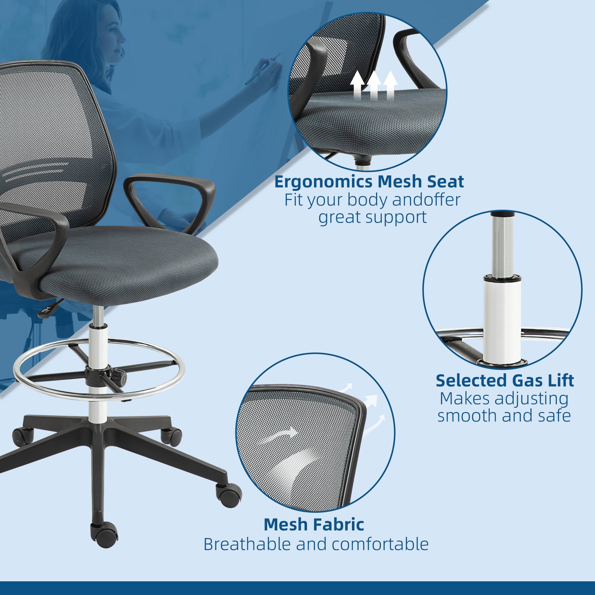 Vinsetto Adjustable Height Ergonomic Drafting Chair with Mesh Back in Grey - ALL4U RETAILER LTD