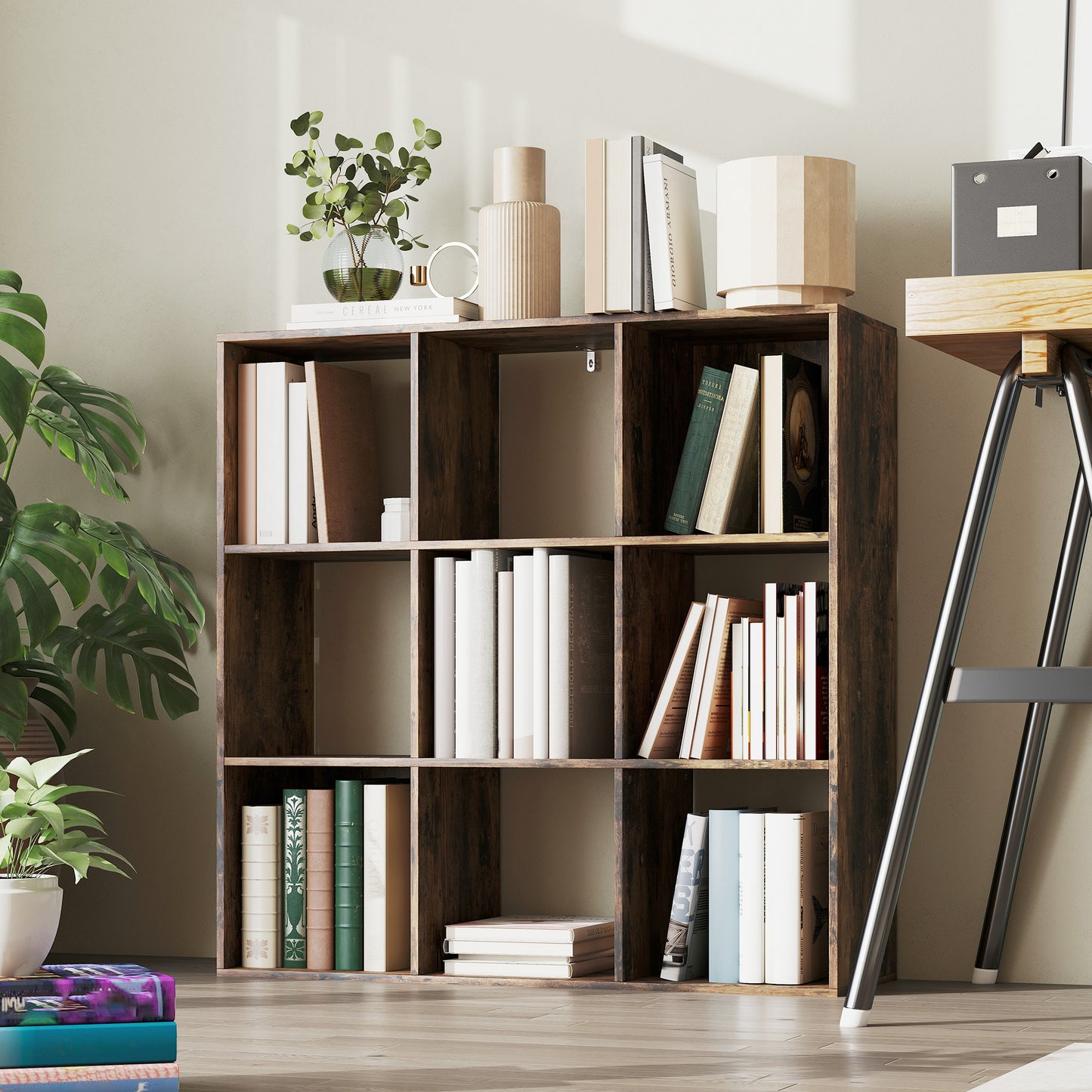 HOMCOM Nine Cube Storage Shelf Rustic Brown Multi Compartment Cube Organizer For Home And Office