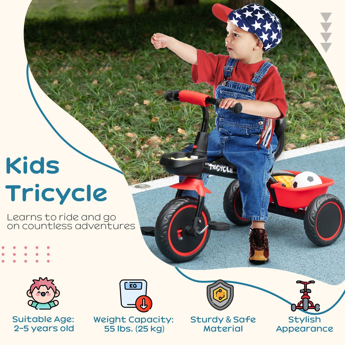 AIYAPLAY Adjustable Red Kids Tricycle with Storage Baskets for Ages 2-5 - ALL4U RETAILER LTD