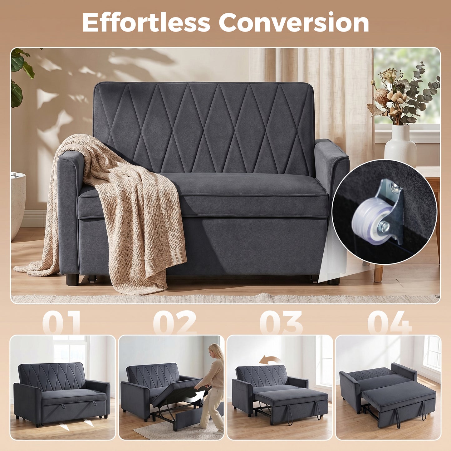 HOMCOM 2 Seater Sofa Bed 3 In 1 Convertible Pull Out Sleeper Sofa With Clik Clack Adjustable Backrest Dark Grey