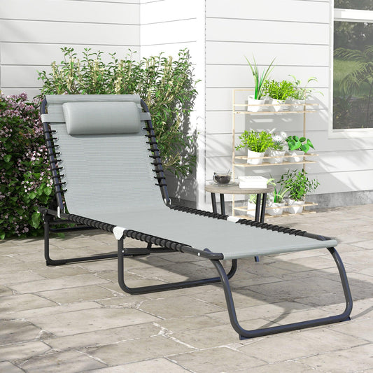 Outsunny Folding Sun Lounger Beach Chaise Chair Garden Cot Camping Recliner with 4 Position Adjustable Light Grey - ALL4U RETAILER LTD