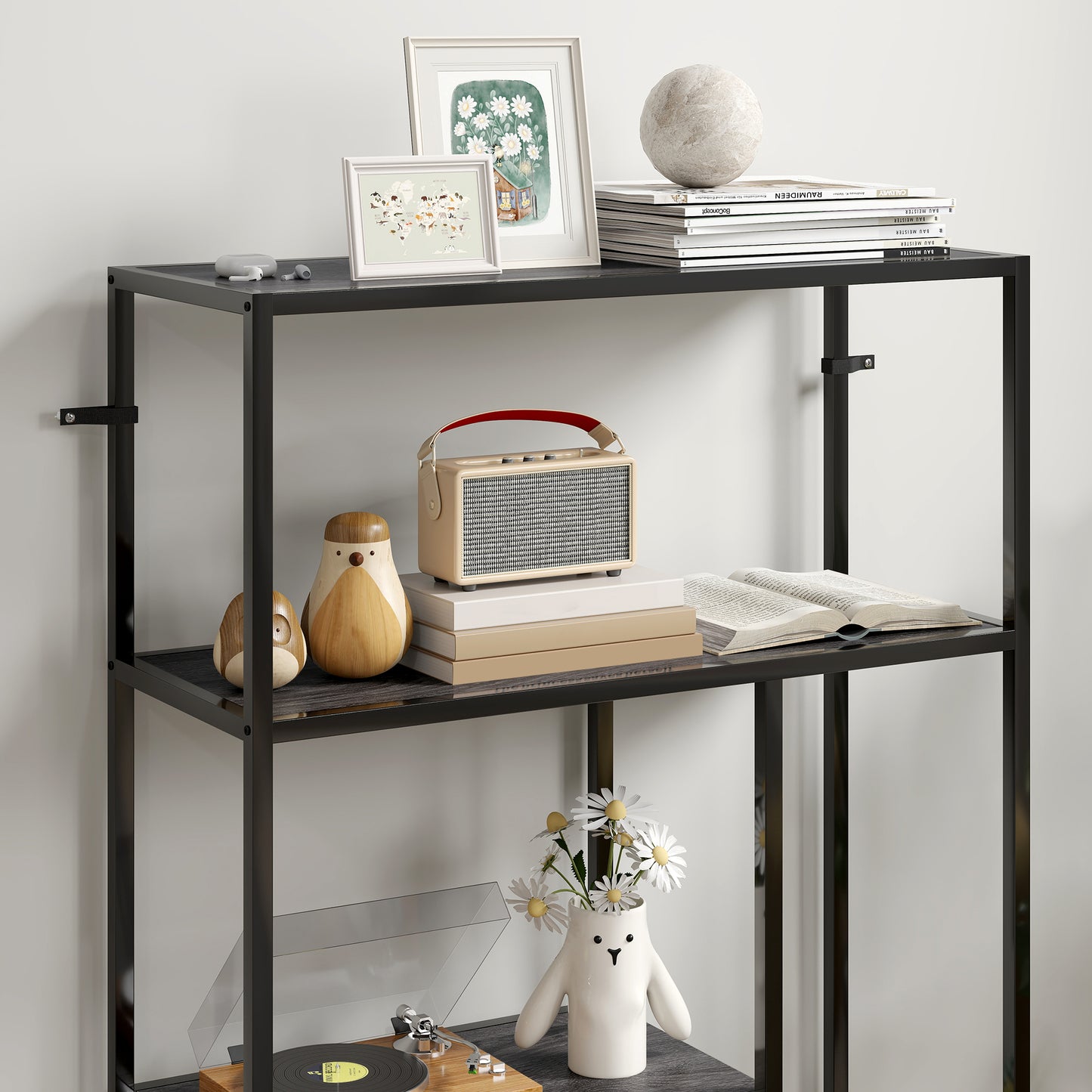 HOMCOM 4 Tier Bookshelf With Open Shelves In Charcoal Grey Industrial Style Rustic Wood Finish