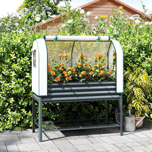 Outsunny Galvanised Raised Planter With Greenhouse Cover On Legs Metal Garden Bed With Bed Liner And Bottom Shelf